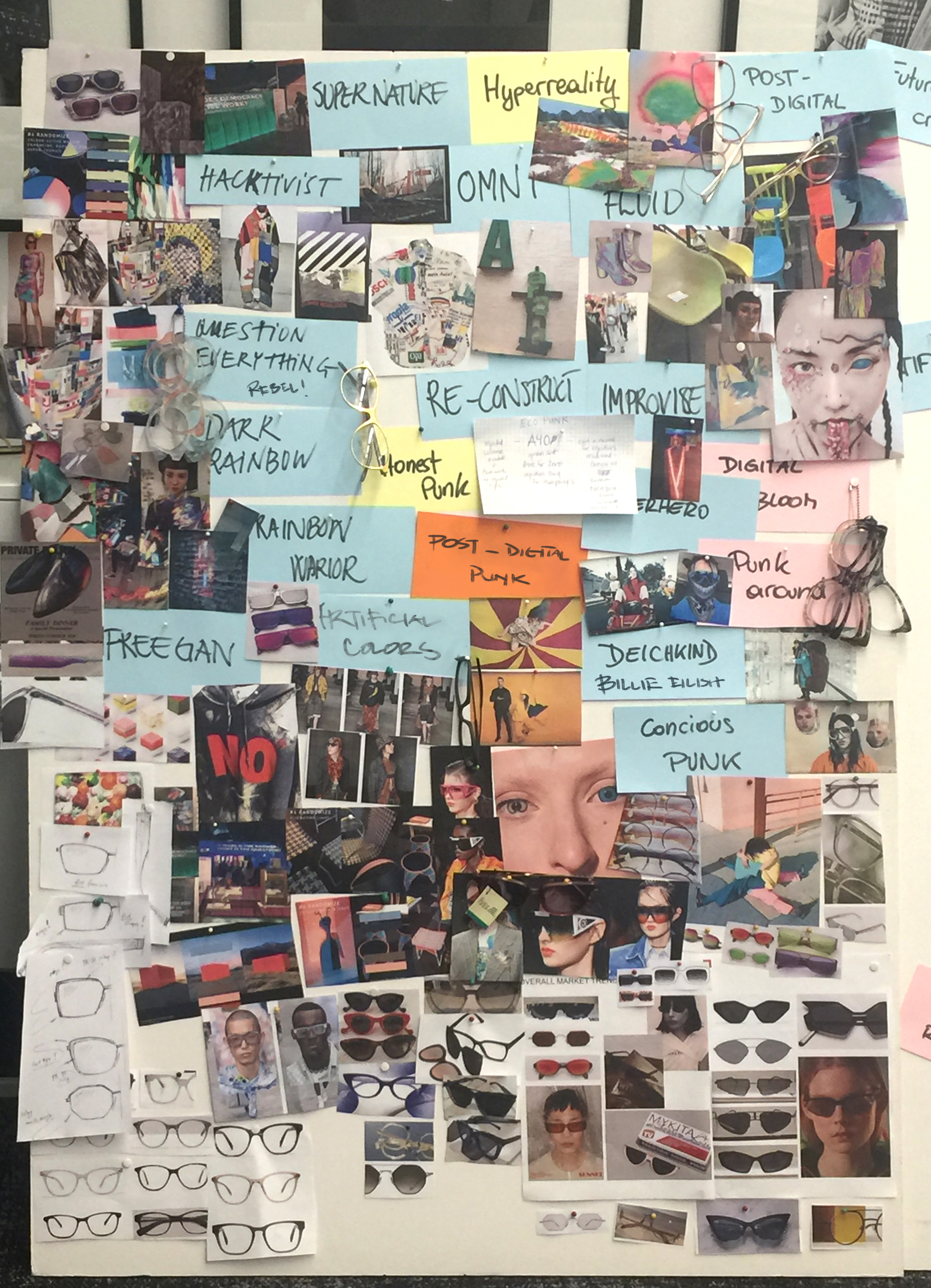 Trend board with global socio-cultural trends, key design themes, and material inspirations.