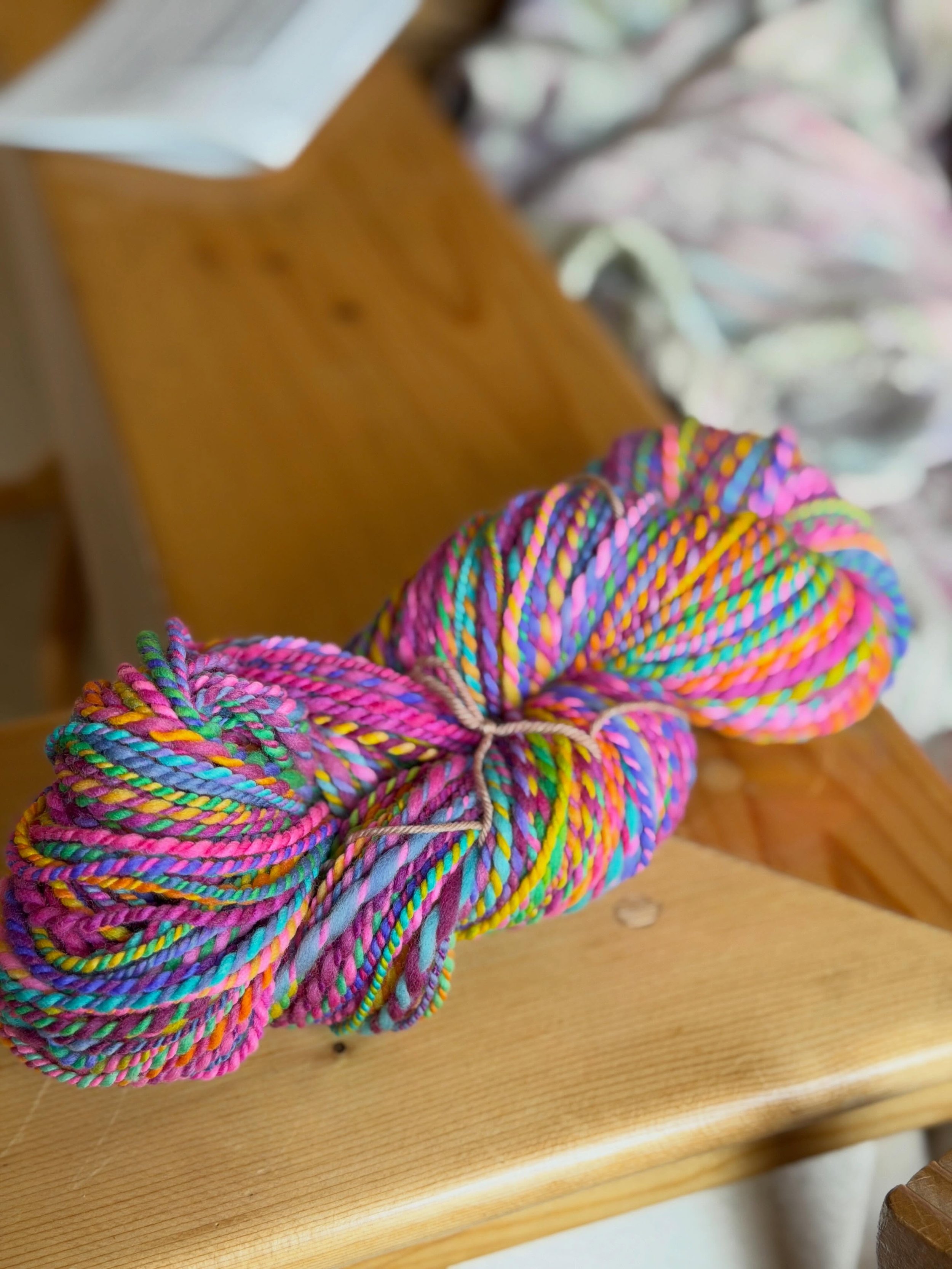 Birthday yarn for a birthday girl. Slipstream&rsquo;s Pull by @threewatersfarm spun 2ply barber pole, DK ish. #handspun #spinning #spinster #itspink
