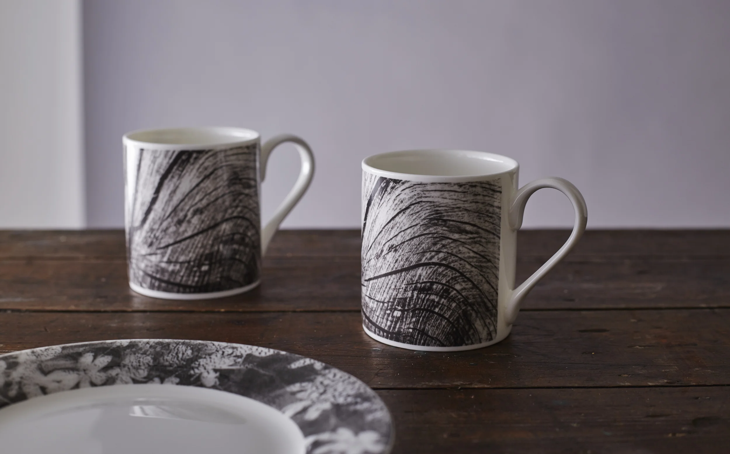 Woodcut mugs and Wood Anemone side plate from the Forest Tableware range