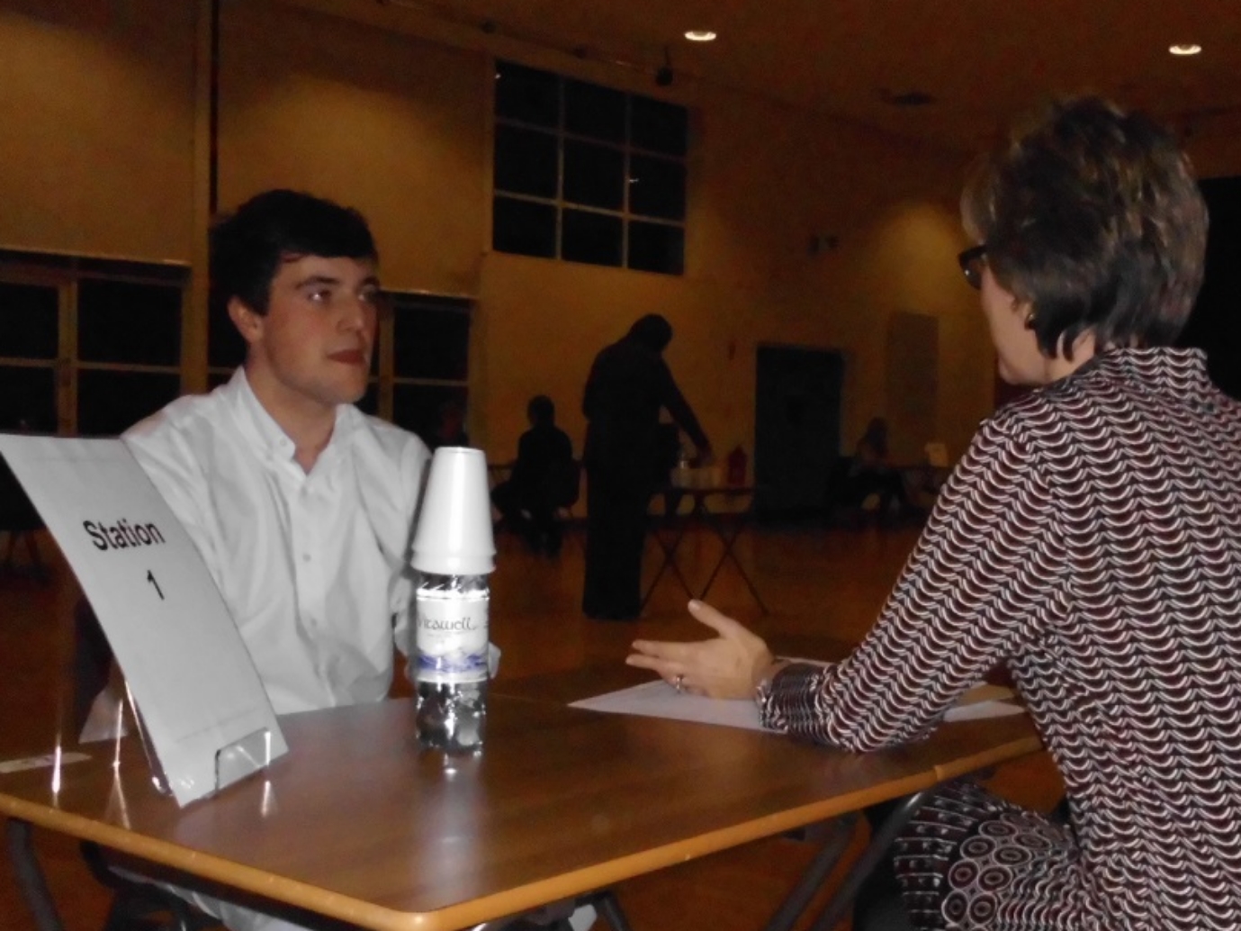 Head boy, Mark Rea, with Dr Gibson (parent and past pupil) at the first MMI (Multi Mini Interview) station.