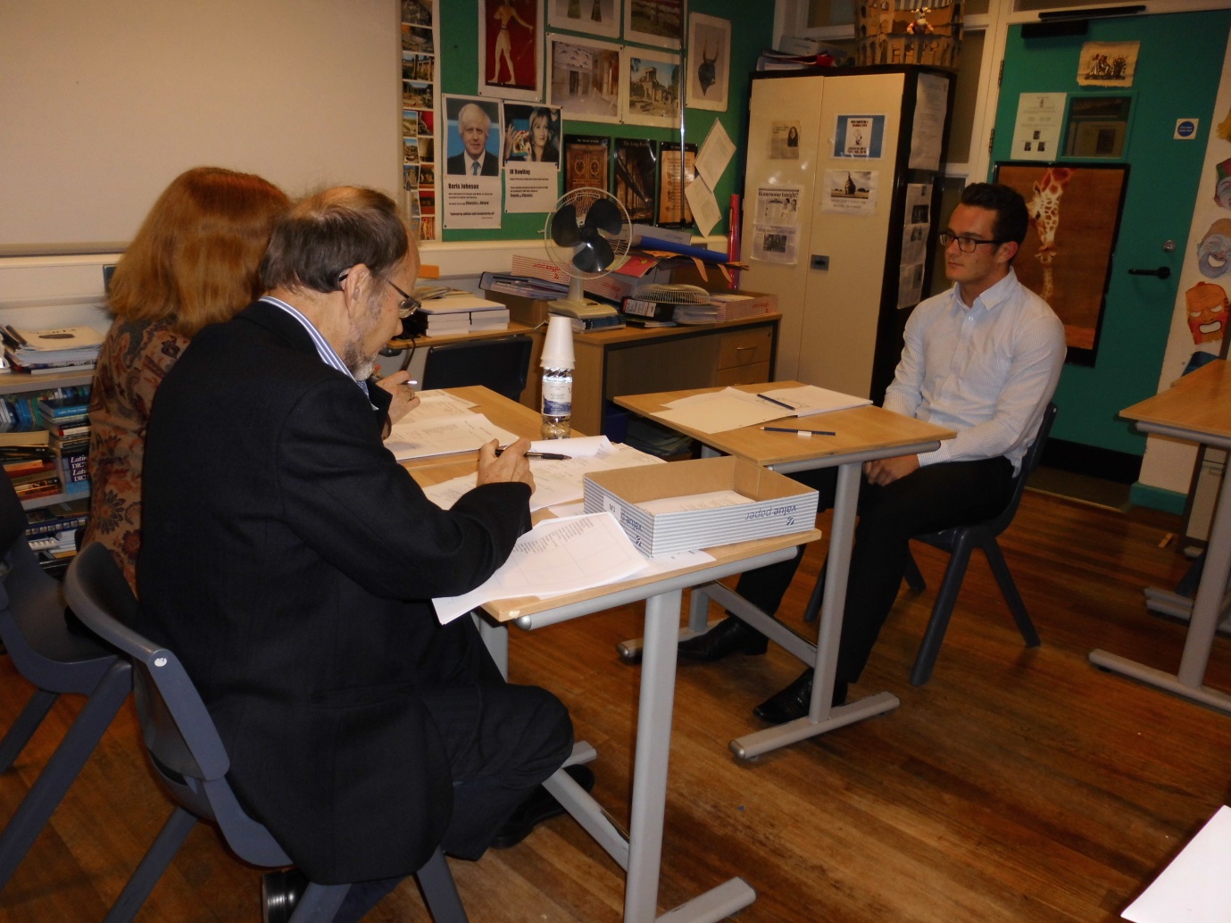 Retired vice-principal, Mrs Adgey, and Dr Cole (currently assess DoE Award Scheme but taught Mrs Yeates Chemistry at university) interviewing Alasdair Deering in preparation for his Chemical Engineering interview at UCL.