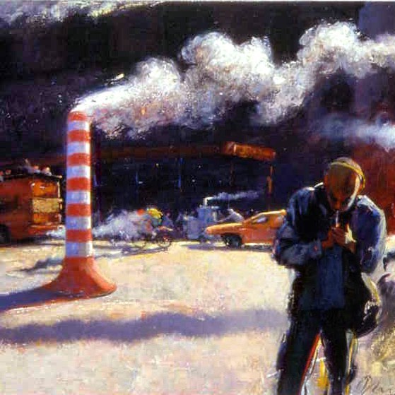 Smokers. Oil on Linen. Still plenty of smoke coming out of various places on the busy streets of New York. This is a detail of a painting where I assembled as many of those sources as I reasonably could present in an organized tableaux. Oddly, a coll