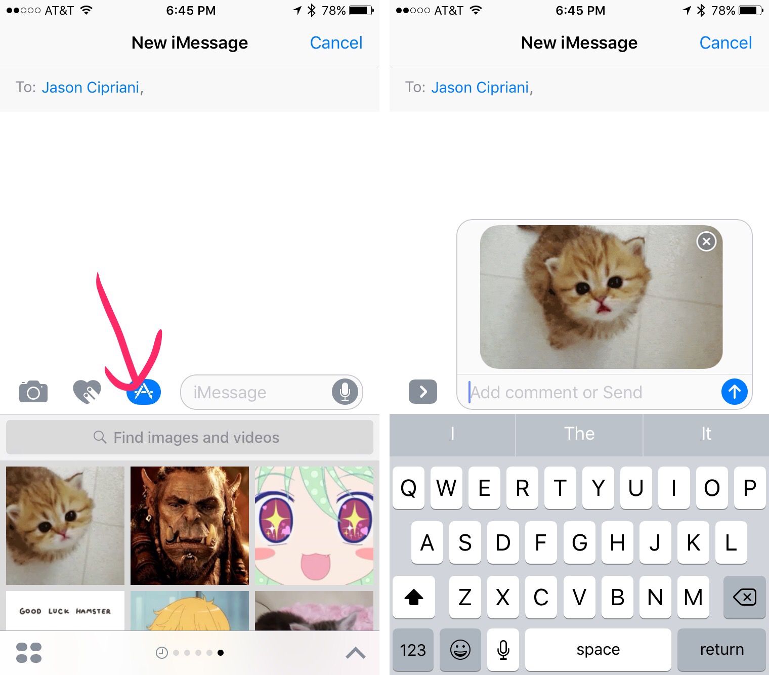 iOS 10 메시지 앱의 이미지 검색 기능. (CNET)
