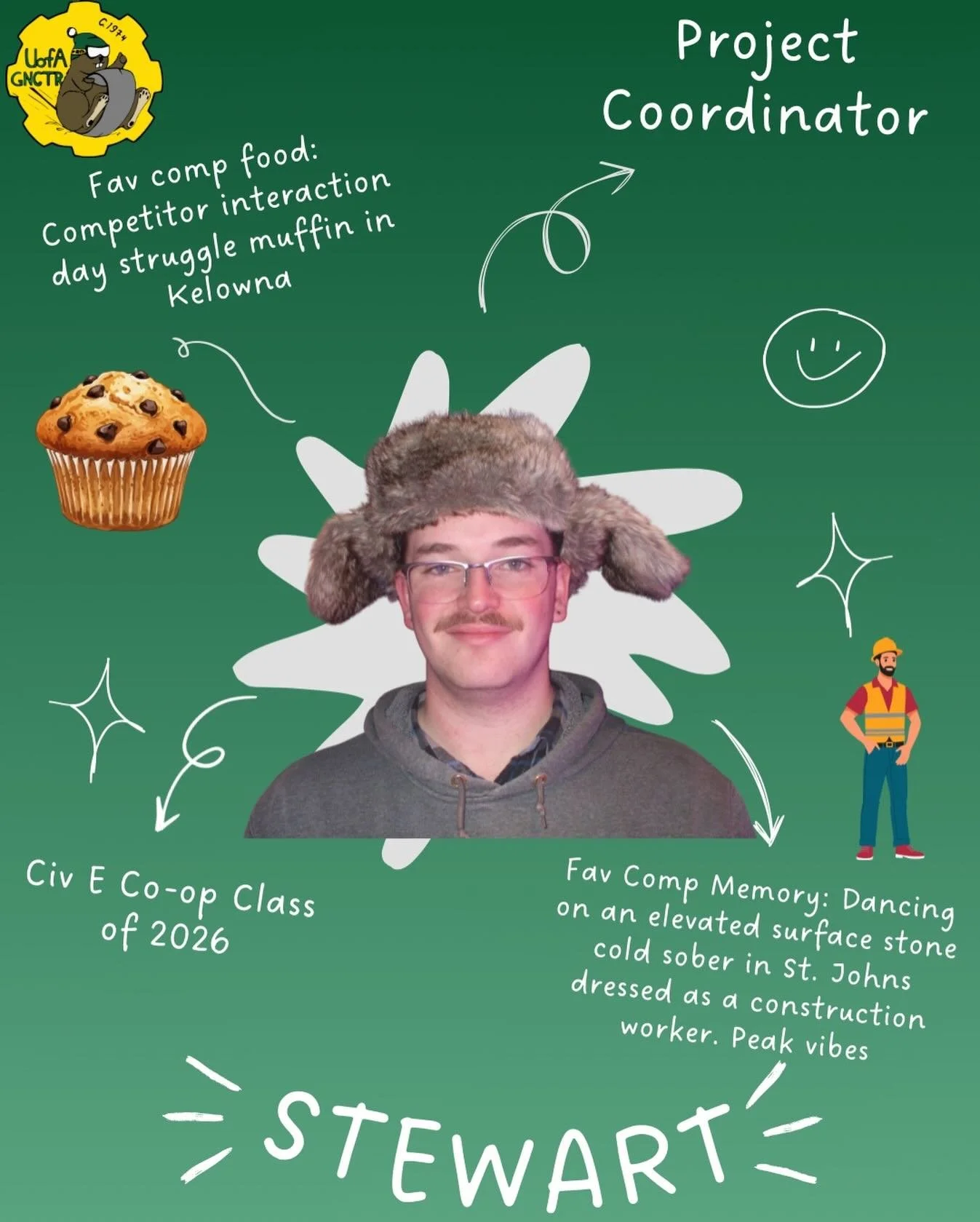Up next is our Project Coordinator doubling as our Spirit Captain, Stewart! Stewart has been on the team previous as a general member, concrete lead, and engagement coordinator. Stewart brings the vibes to the whole team as social anxiety fears him. 
