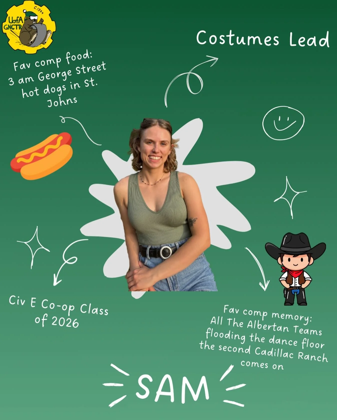 Next up we have our costumes lead, Sam! Sam has been on the team as apart of the superstructure team as a lead and was apart of our iconic pizza breaks era, and now she has decided to go a more creative route of costumes! We are so excited to see wha