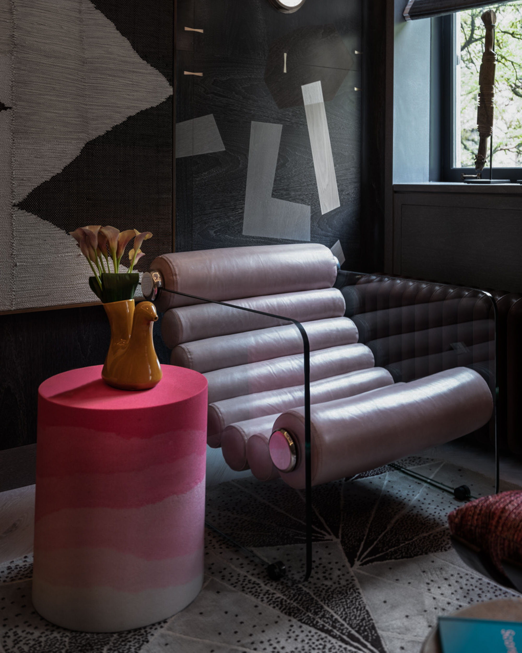  #bradsteinphoto, Highlights from the #kipsbayshowhouse19 The Pink Dragon Study by @katherinenewmandesign uses unique coloring relationships and materials that caught my eye: custom paneled wood wall, ceiling hung bronze and leather shelf system, wit