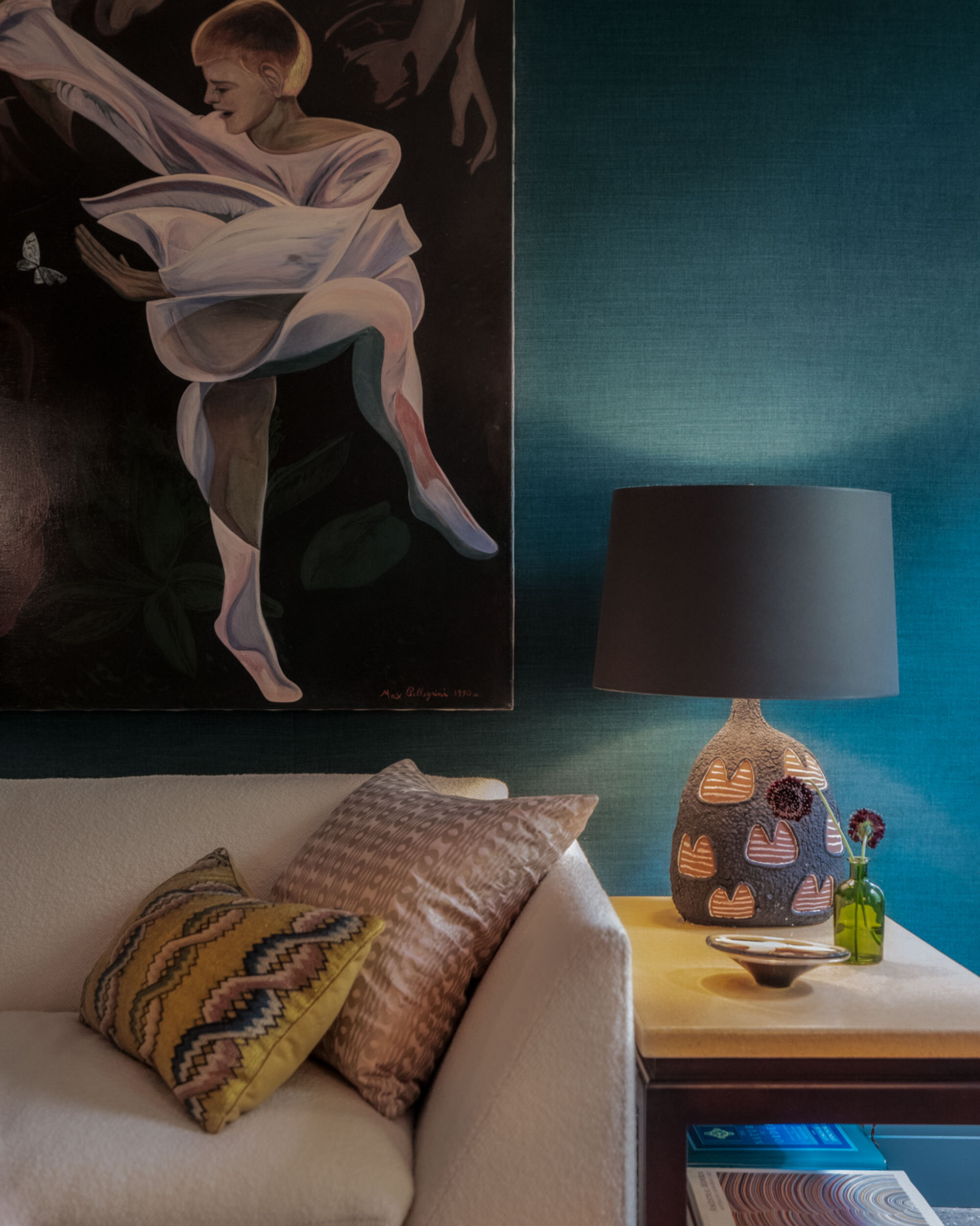  #bradsteinphoto, Highlights from the #kipsbayshowhouse19 Pappas Miron Design’s sitting room and bath, whose stylish furnishings and objects show off handcrafted materials and forms. Teal upholstery reaching not quite to the ceiling presents a vivid 