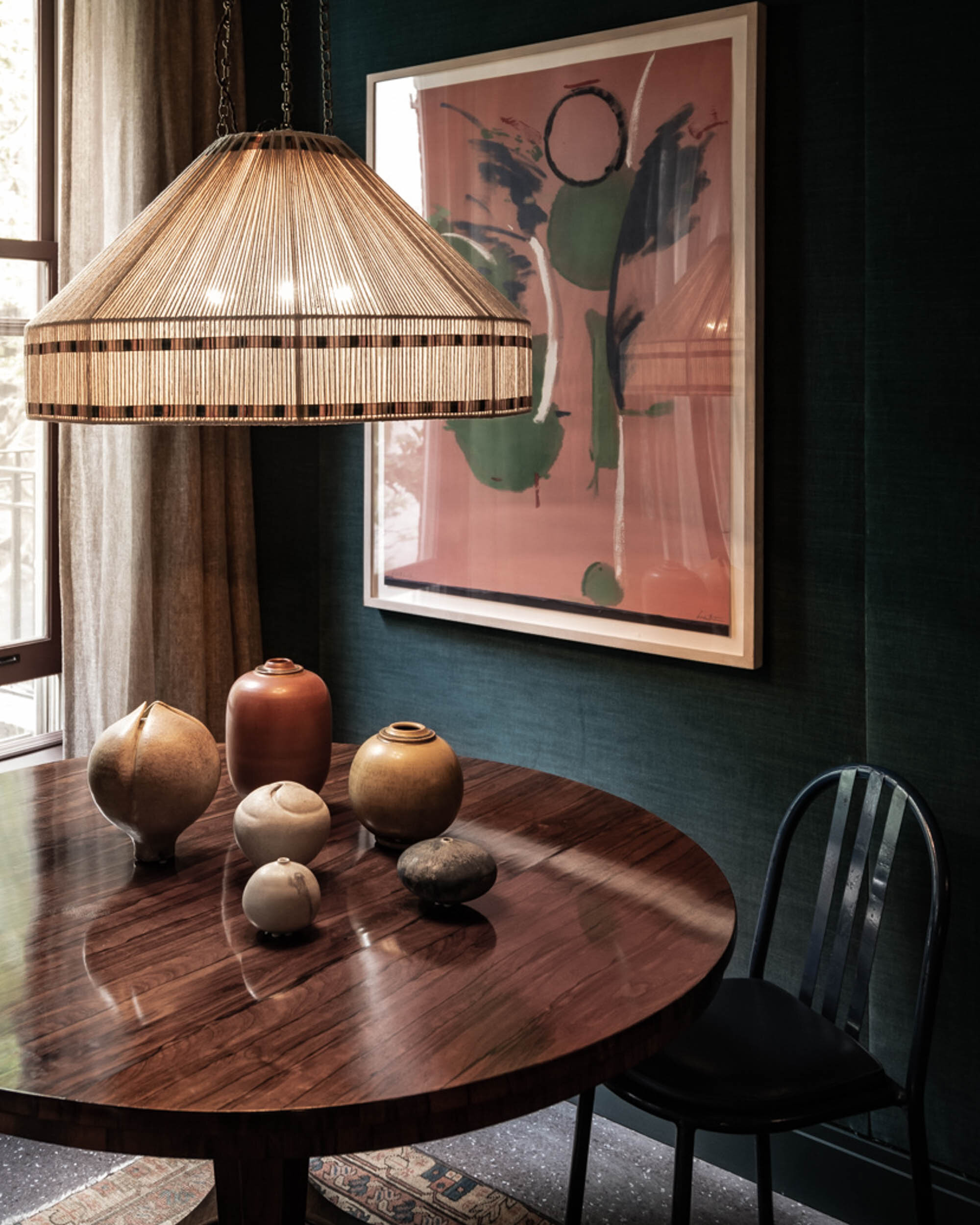  #bradsteinphoto, Highlights from the #kipsbayshowhouse19 Pappas Miron Design’s sitting room and bath, whose stylish furnishings and objects show off handcrafted materials and forms. Teal upholstery reaching not quite to the ceiling presents a vivid 
