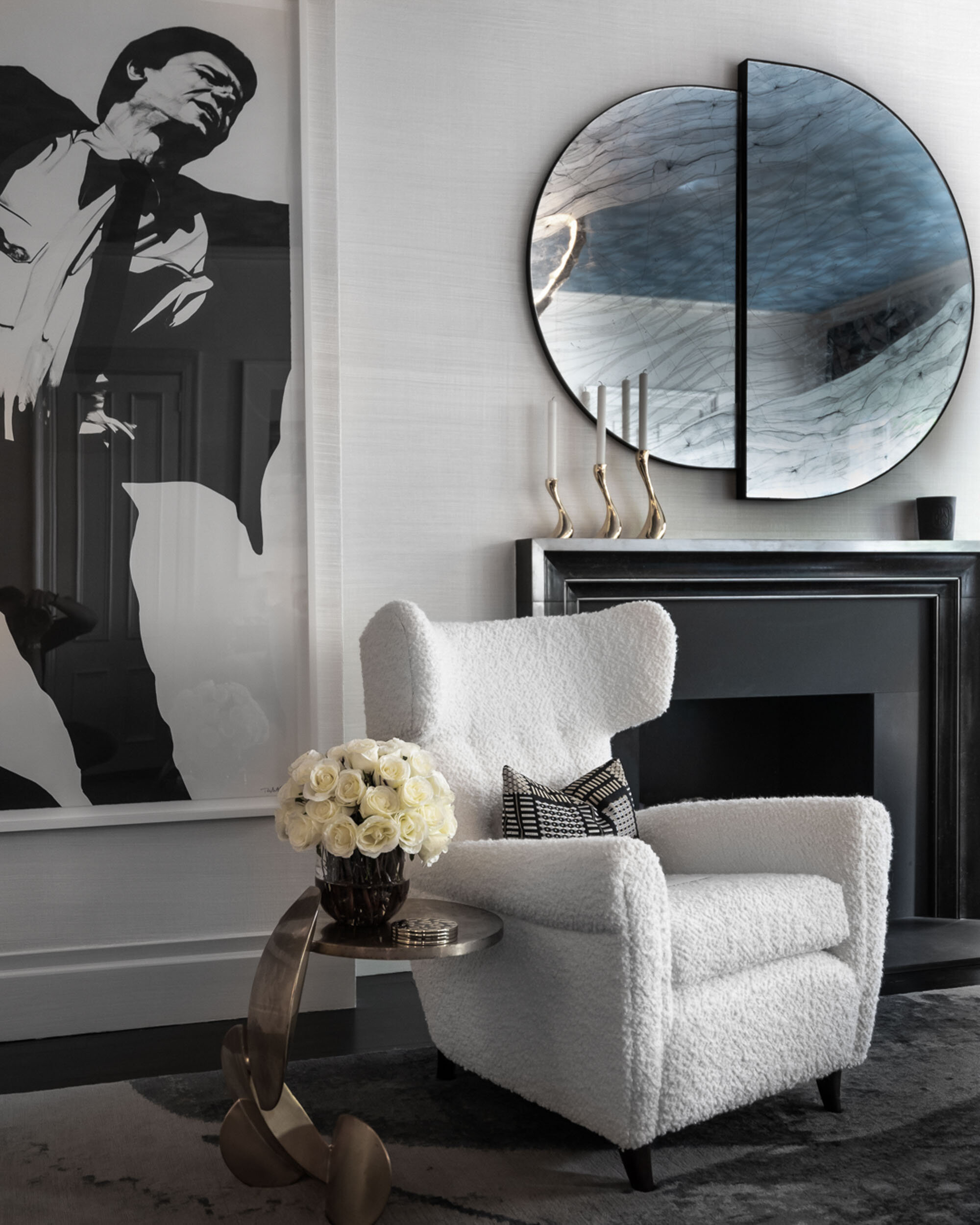  #bradsteinphoto, Highlights from the #kipsbayshowhouse19 In @jcohlermasondesign sitting room, an eglomise mirror hangs over a fireplace facing a trio of Ghirò Studio tables and a Todd Merrill Studio channel-tufted Racetrack sofa. A work by Robert Lo