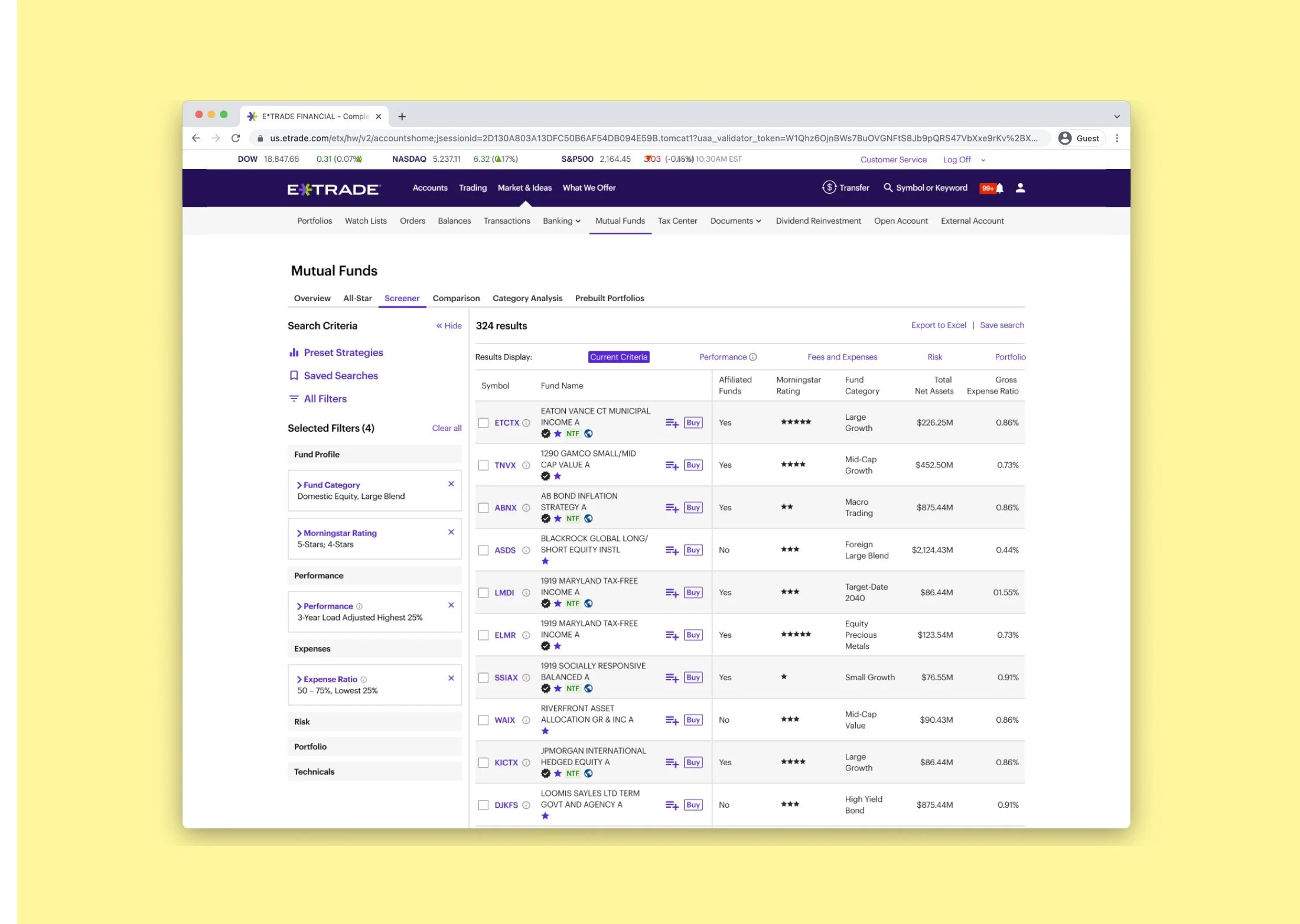 UX/UI redesign of E*TRADE’s mutual fund research and retail experience. The original ask was to update the design for the screener tool itself. After initial discovery work, proposed and acquired stakeholder buy-in to expand the project scope to be 