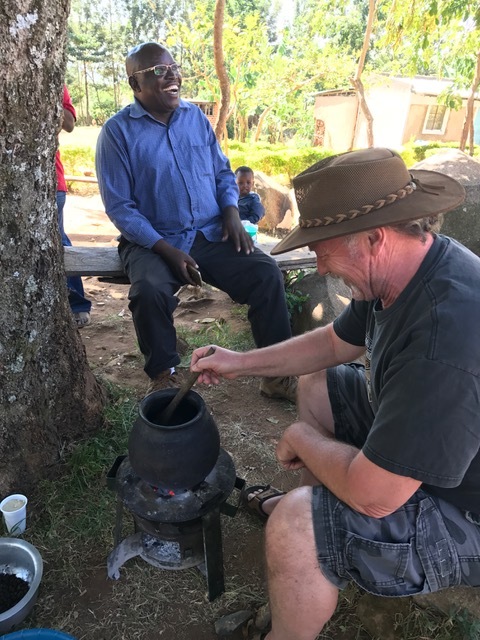 Randy Darling roasting Real Kenyan coffee beans. I'm not sure if we will ever get Randy to leave Kenya now! He's having way too much fun with his passion and hobby!