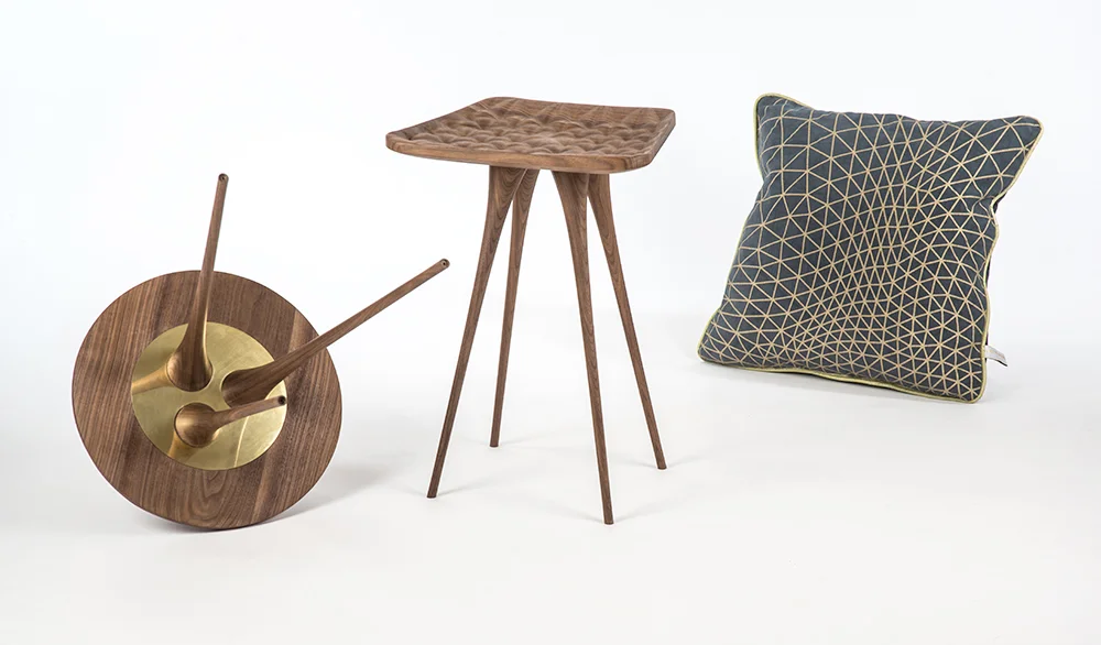  High-end interior design collection of hand-made walnut stools and screen-printed&nbsp;cushions launched at Clerkenwell Design Week.  Design: ALEKSA studio &amp; Victoria Umansky Location: London Dates: 2015 