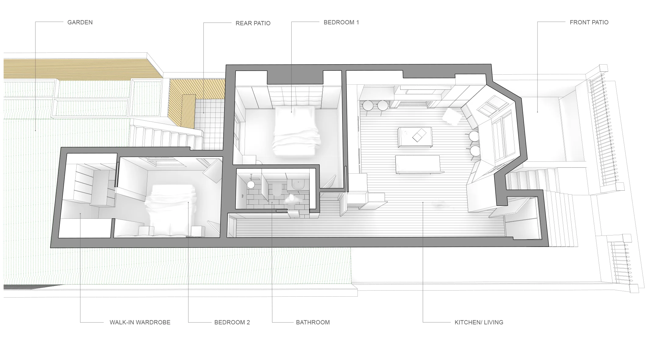 The project involves full remodelling of a Lower Ground flat situated in a great period building just off Portobello Road Market. We are proposing new access to the garden via large French doors, new treatment to patio and rear garden and full flat interior refurbishment to include bespoke built-in furniture, upholstered wall pieces, new modern kitchen and bathroom. The introduction of new pocket doors allow for seamless transition between the rooms making the flat feel more spacious and light. London, UK 2015 Client: Private Project Status: Tender Budget: Confidential