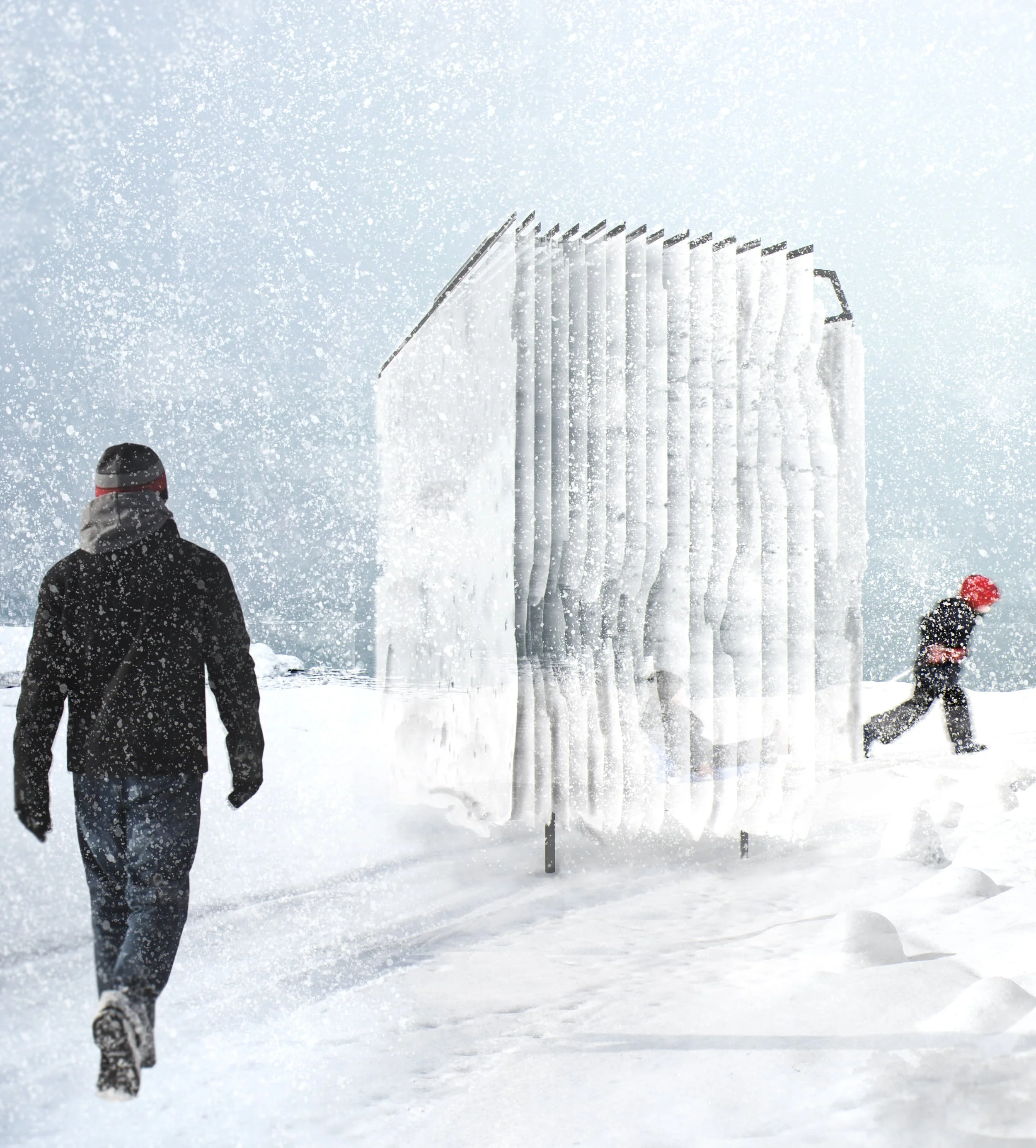 Our proposal Frozen Cloud for Toronto Winter Station International Competition is envisaged as a dynamic formation responsive to the changing climatic conditions of the Toronto winter. Inspired by the processes of frost, ice cracking and melting – the proposal attempts to blend in with its surroundings capturing a cloud of water droplets, ice and snow throughout the day. An array of thin transparent sheets encourages the public to experience the context differently depending on the weather and viewing angle. A digitally simulated pattern capturing the moments of freezing and thaw will be lasercut onto the sheets. When temperatures are near freezing, the sheets will begin to frost allowing for natural patterns to occur and possibly take over the surfaces - thus augmenting the shape of openings within the sheets. When seen through in bright and clear weather, the waterfront landscape with its banks of snow and ice will be perceived as if it has been frozen in a block of ice. Design: ALEKSA studio & Wang Fung Chan Location: Toronto Dates: 2015-6 Construction value: $15,000.00 CAD