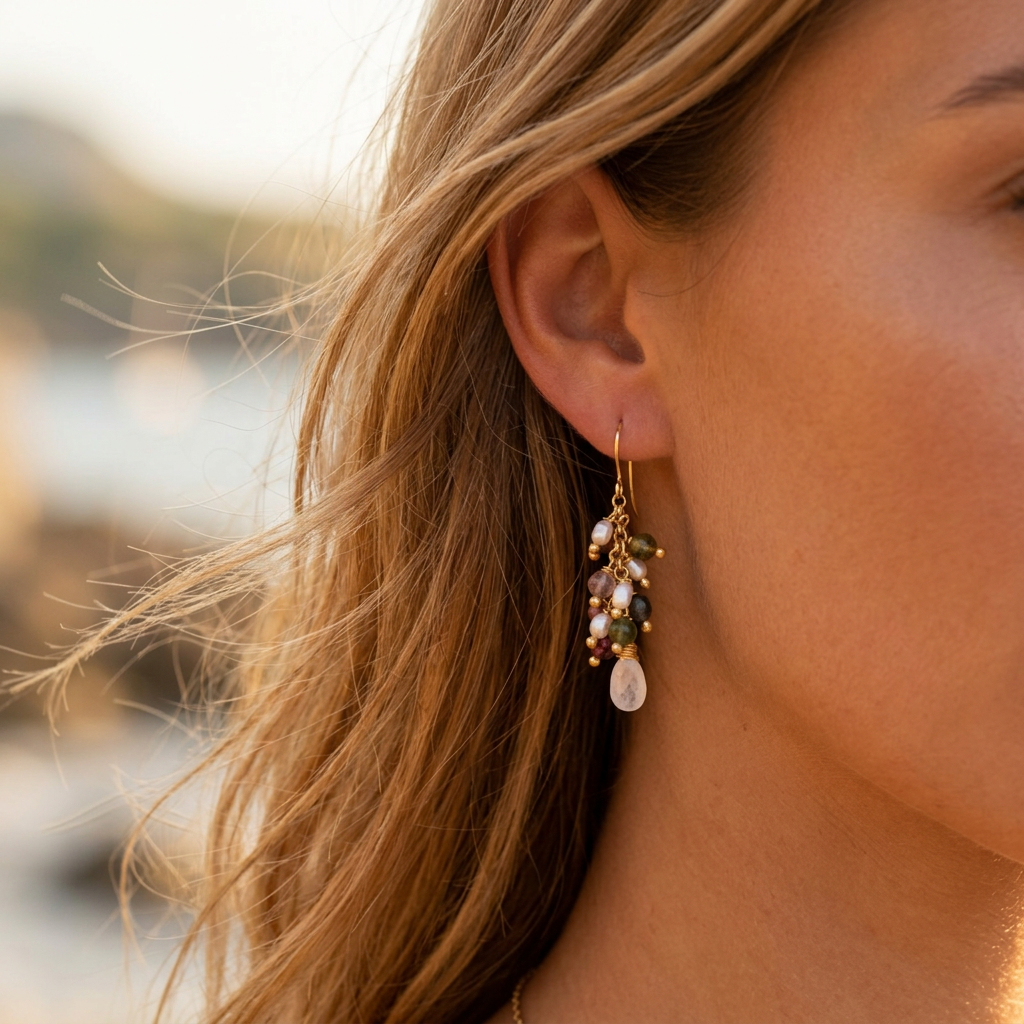 Handmade Tourmaline Earrings with Moonstone and Pearls