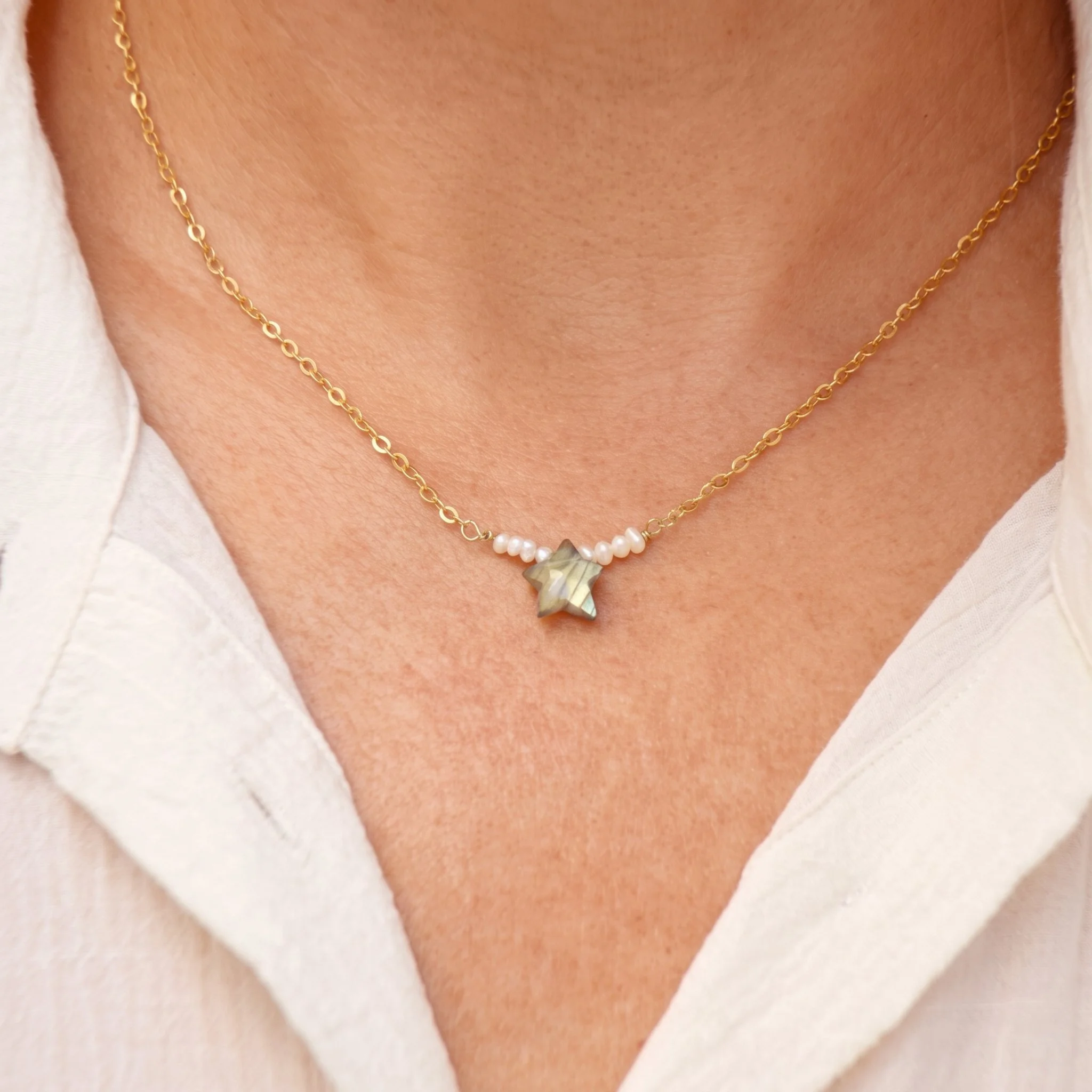 Star necklace, Labradorite and Pearl necklace