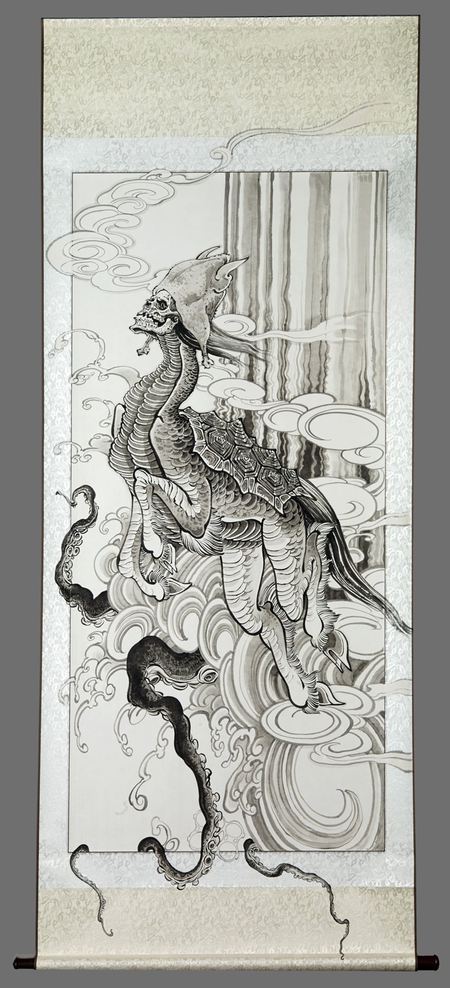 Chickenhead Returns to the River . 2015 - acrylic on paper & silk. 27" x 68".