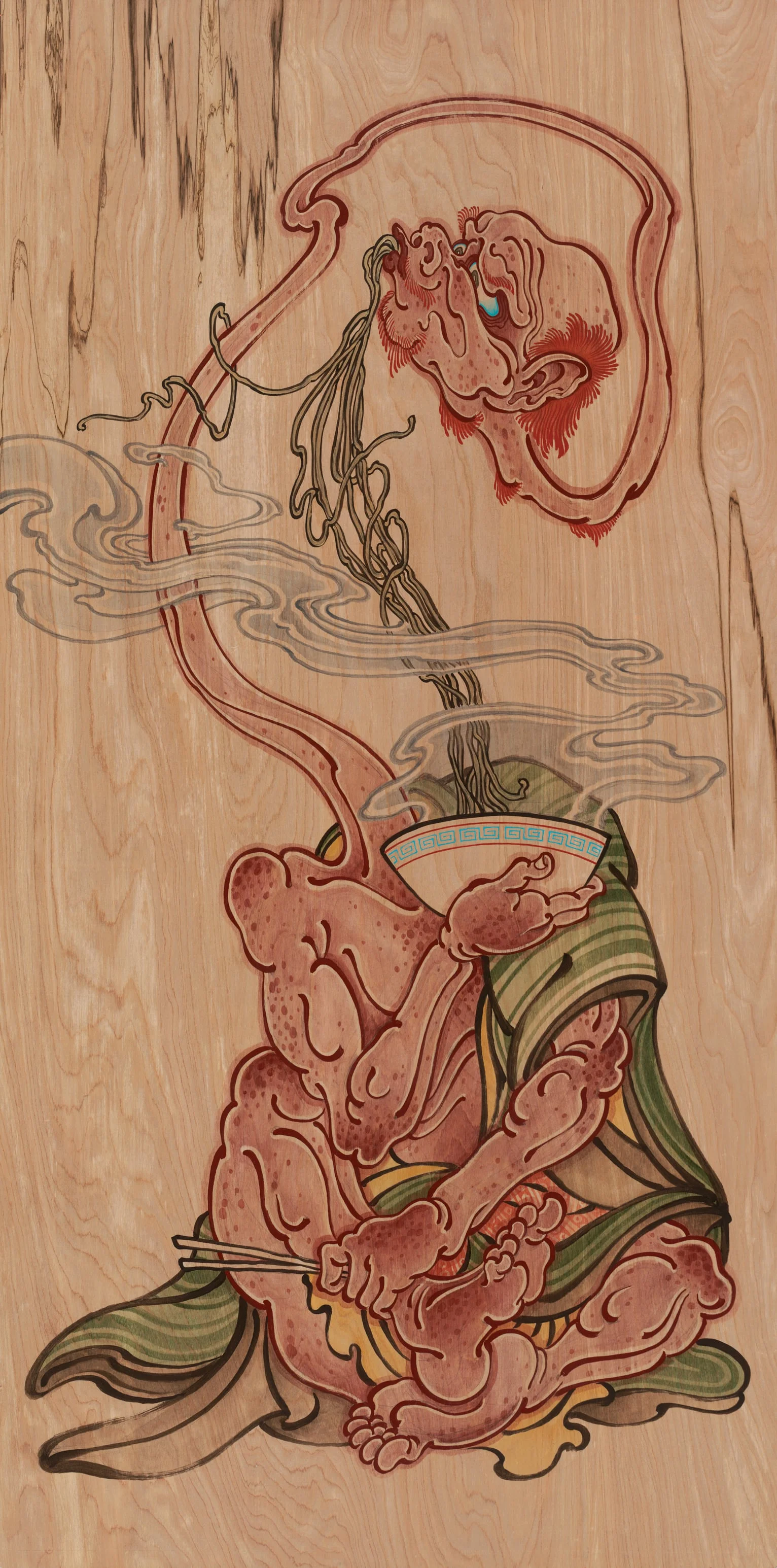Untitled (rokurokubi with noodles) . 2014 - acrylic on wood. 4' x 2'.