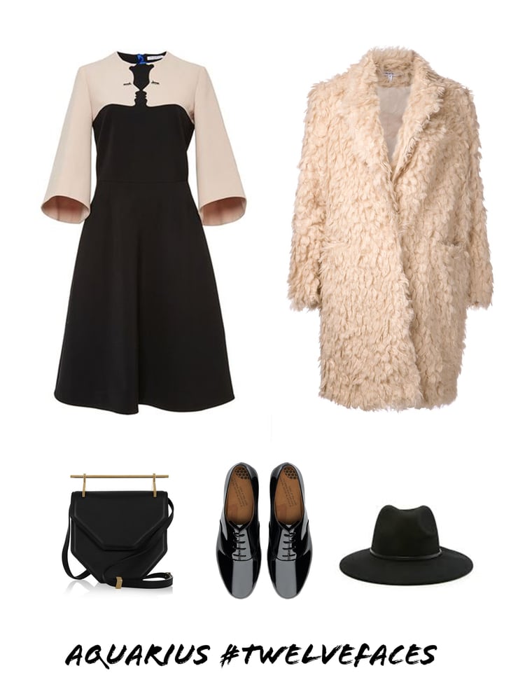Courtesy of jacquelyn Tierney | Image sources/Featured above: Vivetta Hemingway Cahsgora Dress , Elizabeth and James Faux Fur Coat , M2Matellier Bag , Black Patent Oxfords , 
