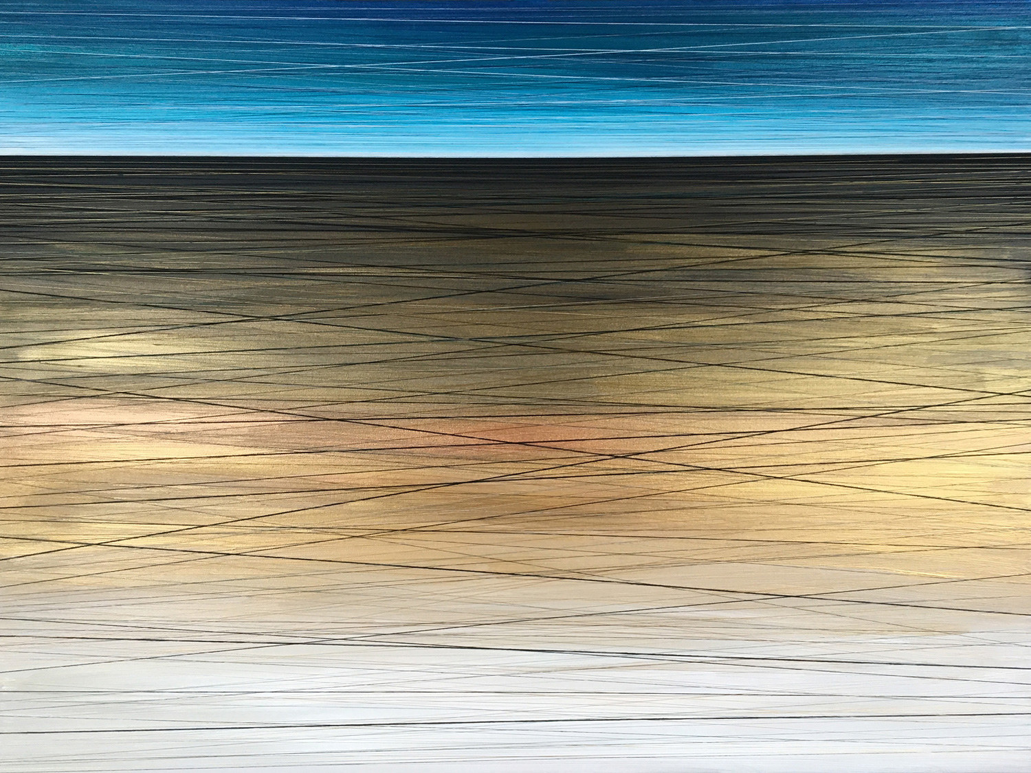 Gilded Horizon. Acrylic &amp; Thread on Canvas. 48x36. 2017. SOLD.