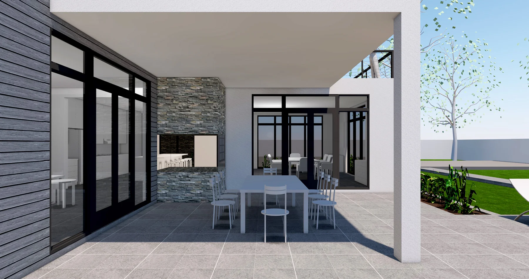 OUTDOOR DINING WITH INDOOR/OUTDOOR FIREPLACE ADJACENT