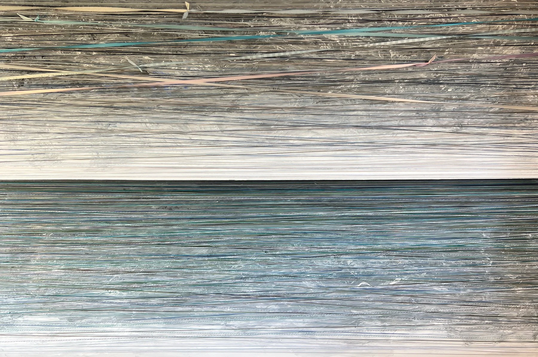 ETHEREAL TRANSIT. 72"X48". ACRYLIC, STRING &amp; RIBBON ON CANVAS. 