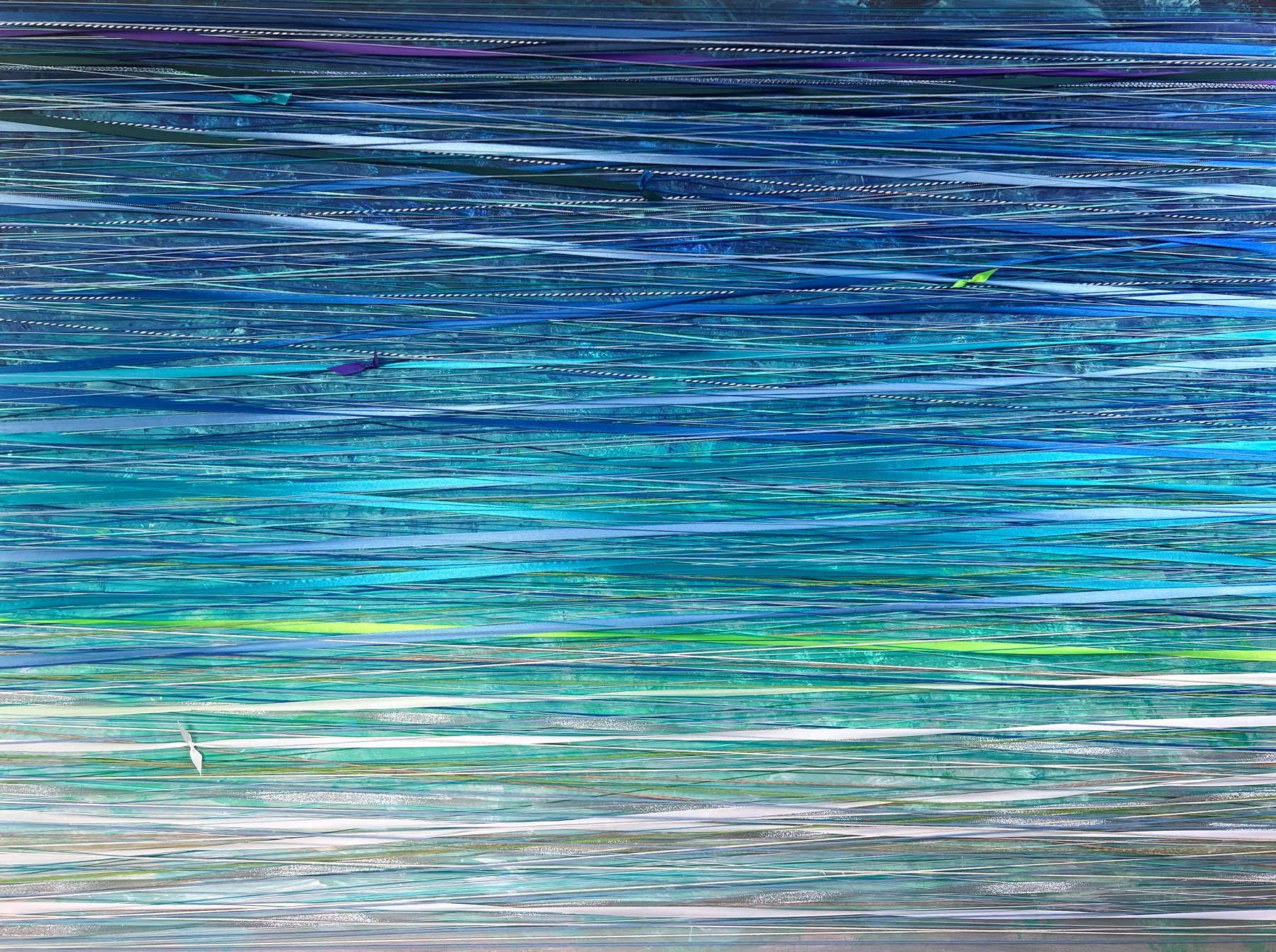 MEDITATIVE REFLECTION. ACRYLIC, STRING, YARN &amp; RIBBON ON CANVAS. 48"X36". 