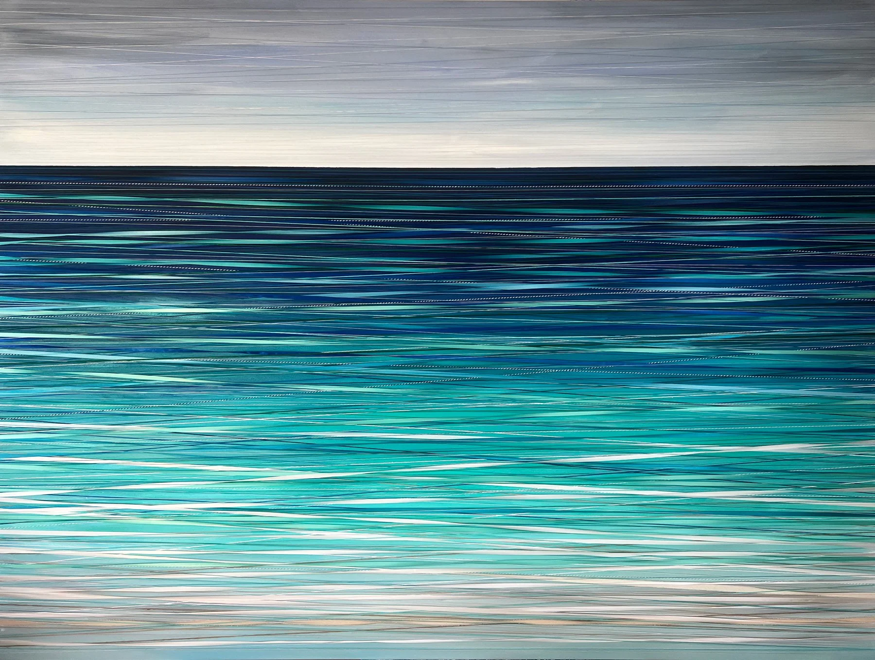 TWISTED WATER. ACRYLIC, STRING, THREAD &amp; RIBBON ON CANVAS. 80"X60".