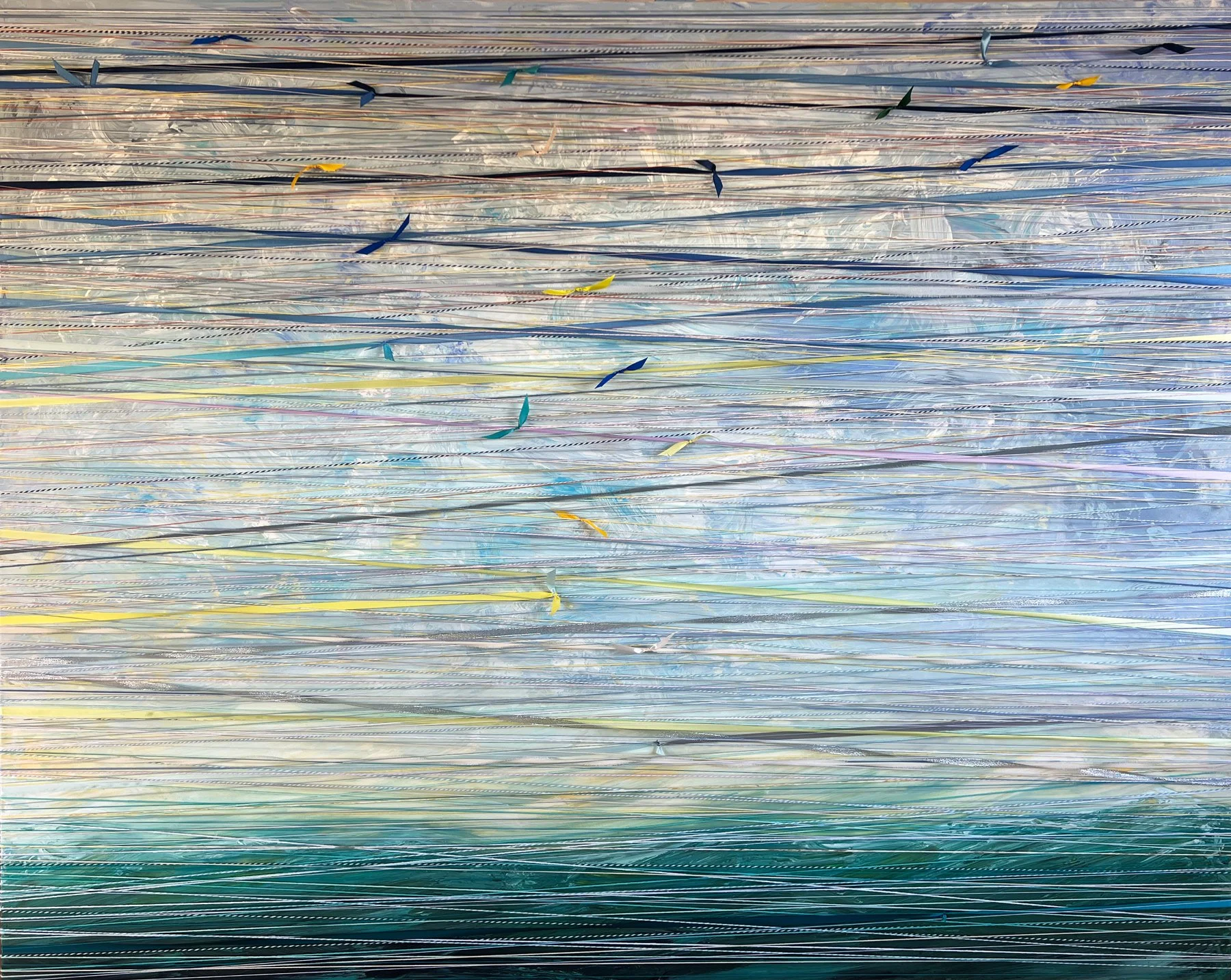 ETHEREAL VOLARY.  60"X48". ACRYLIC, STRING &amp; RIBBON ON CANVAS. 