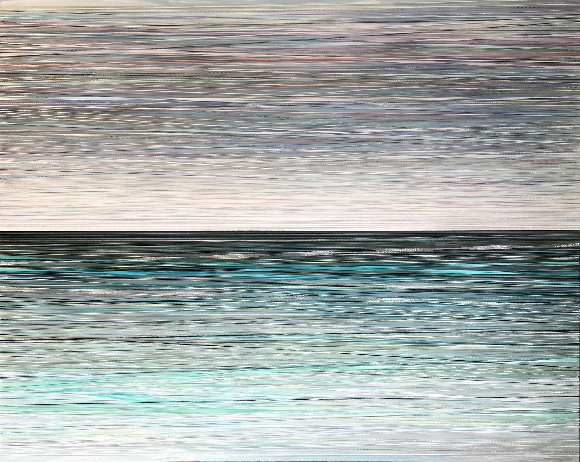HELICAL ETHER. 60"X48". ACRYLIC, STRING, THREAD &amp; RIBBON ON CANVAS.