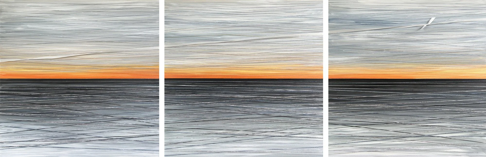 CITRUS SKY. 3 PANELS (TRIPTYCH). 75"X24" (TOTAL - 24"X24" EACH). ACRYLIC, STRING, THREAD &amp; RIBBON ON CANVAS.