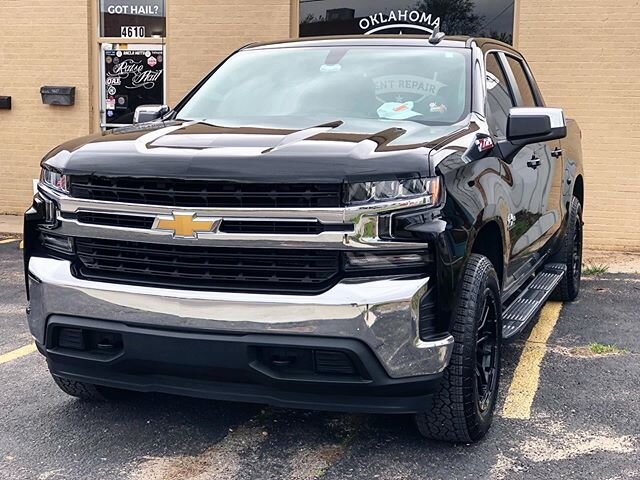 2020 Chevy Silverado we just finished repairing the hail damage on from last Friday&rsquo;s hail storm in Oklahoma City. Are you still driving around with hail damage? Come by the shop for a free estimate and see how we are staying current with Covid