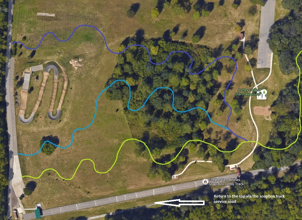 Mock-up of the 3 proposed flow lines. Top of image is "north", BMX track on the left, soap-box track along the bottom/south side. This is just south of McKinley Ave in Des Moines.