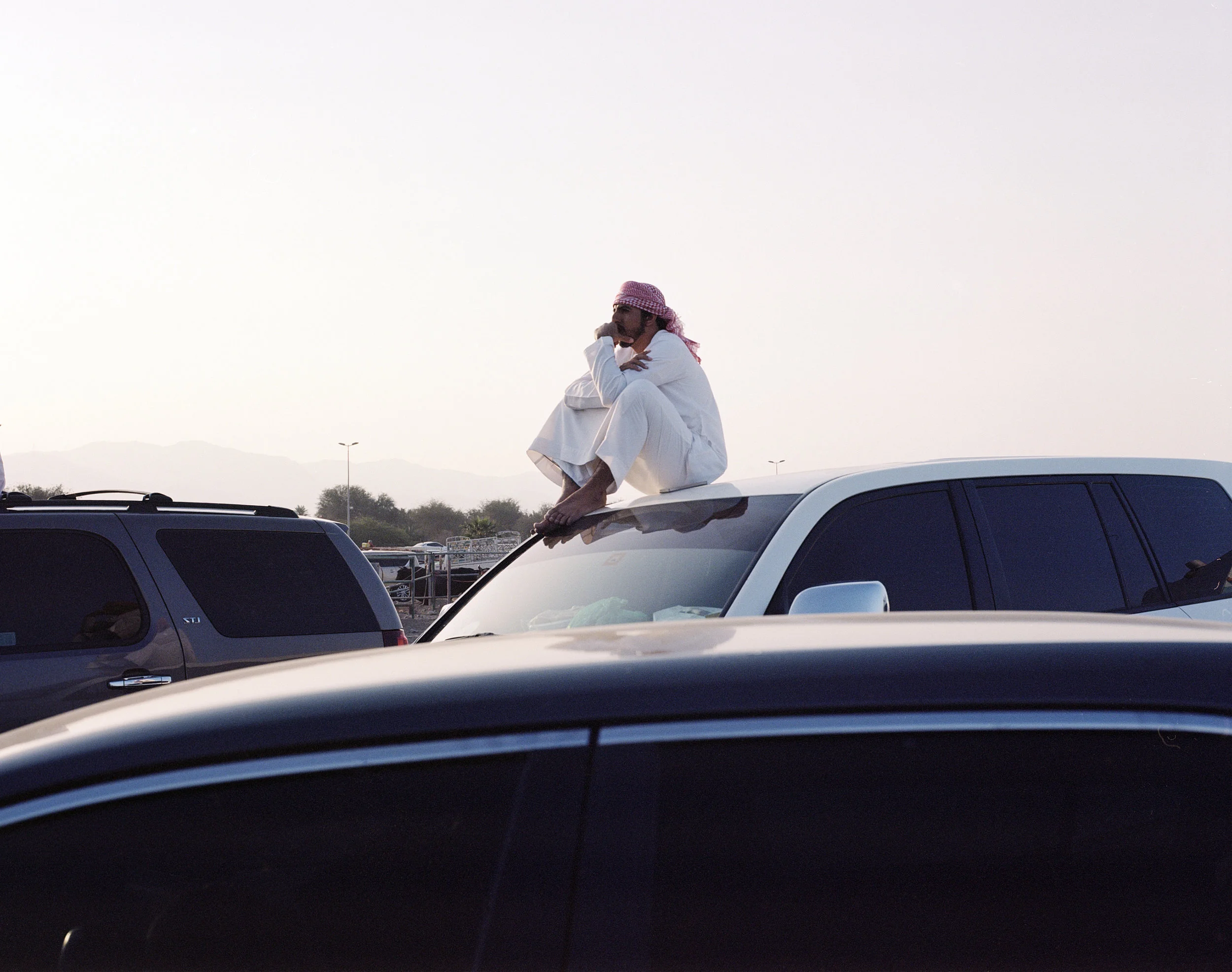 A man watching a bull fighting match in Fujairah from this car, 2017-