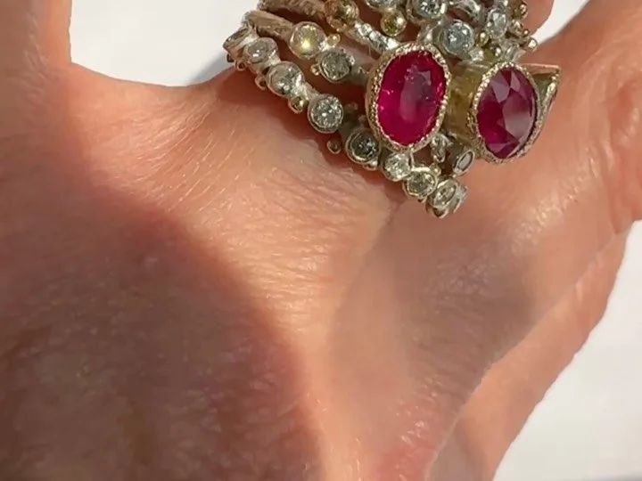 😵😵😵😵Stack Attack! 🔥 Another Smashing Remodel Commission by The Super Cool Pauline (Swipe along to see the OG Ring &amp; See How They Look As They Stack.) These Rubies are SO Juicy and So Much Happier Now They are Out of a Drawer! Lucky Me Gettin