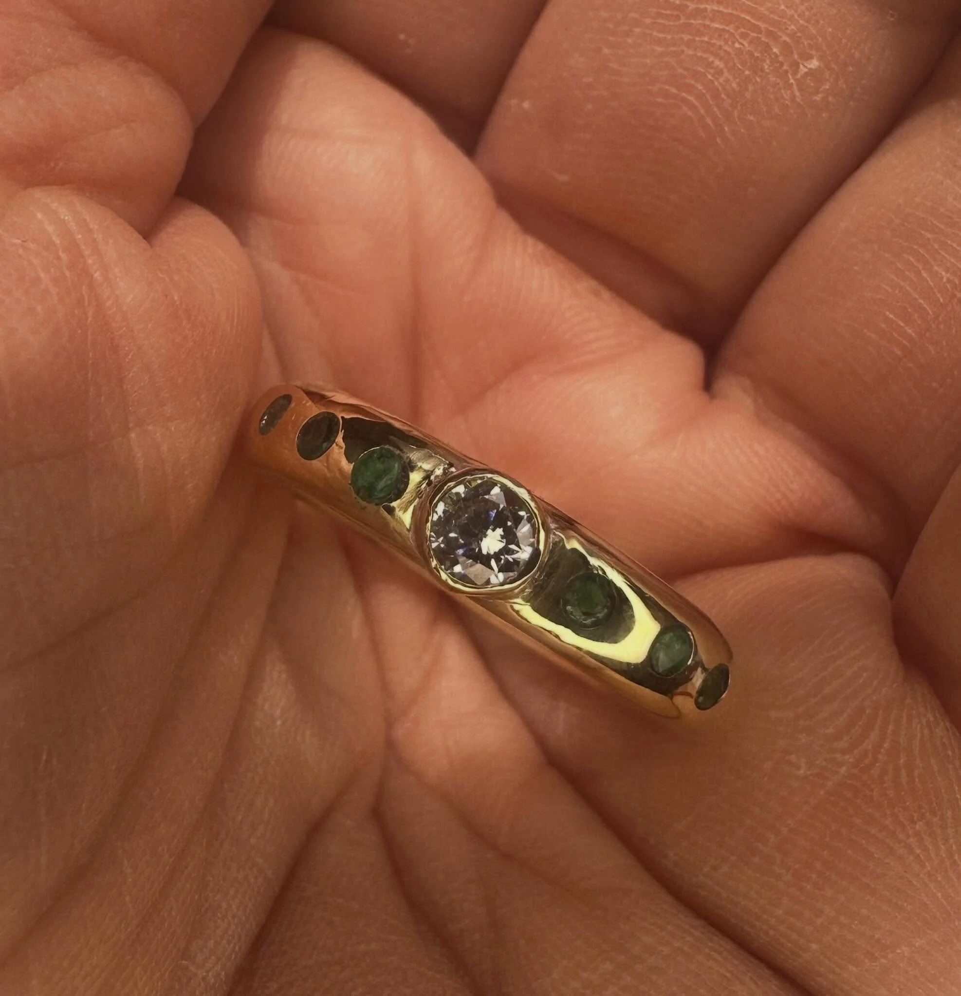 Ten Years Married Definitely Deserves A New Piece Of Jewellery. 💚✨
My Lovely, Gorgeous Friends Designed This Ring Together To Celebrate Their 10th Wedding Anniversary. I Added The Diamond &amp; Emeralds &amp; Made The Band Using Old Family Gold.
Old