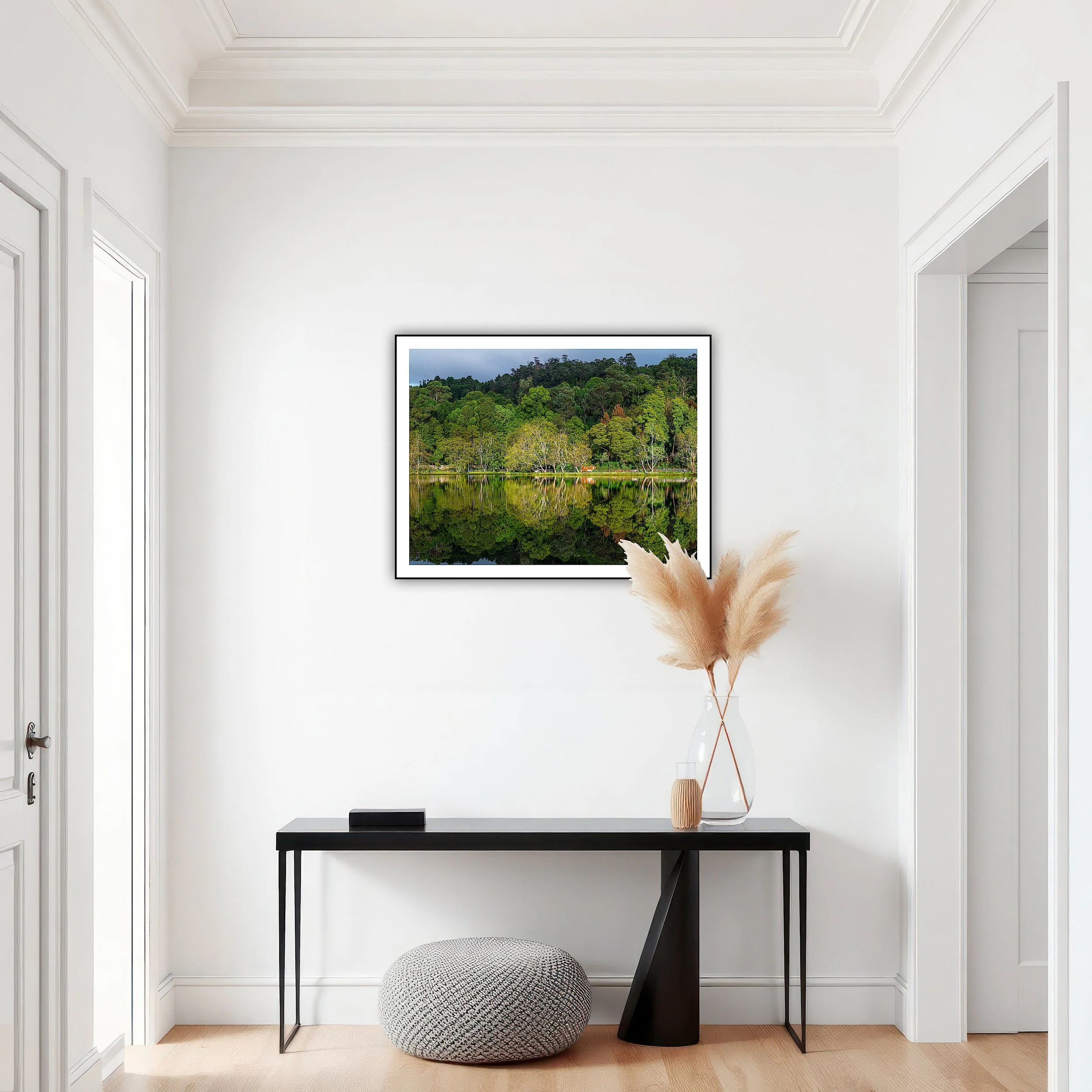 Mirror-still reflections of dense green forest and hills on Kodaikanal Lake, Tamil Nadu India — fine art landscape print by Kamal Chilaka