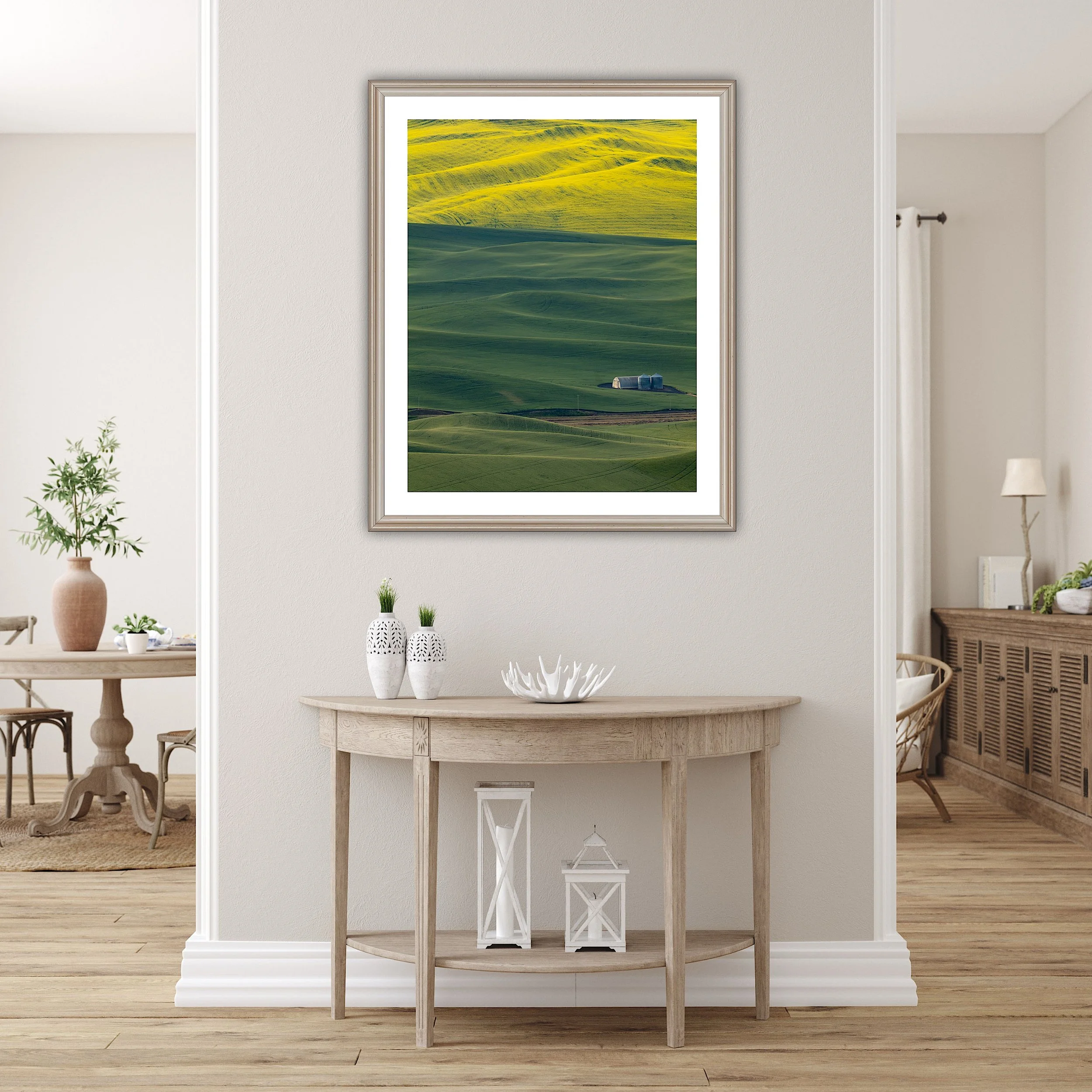 Aerial view of rolling green and gold wheat fields in the Palouse, Washington State, USA — fine art landscape print by Kamal Chilaka