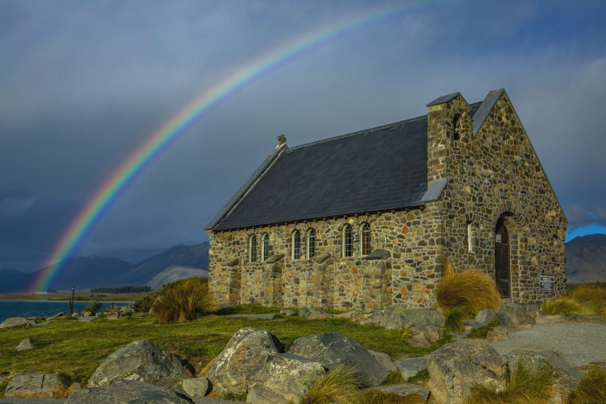 Rainbow at Lake Tekapo and the Church of the Good Shepherd