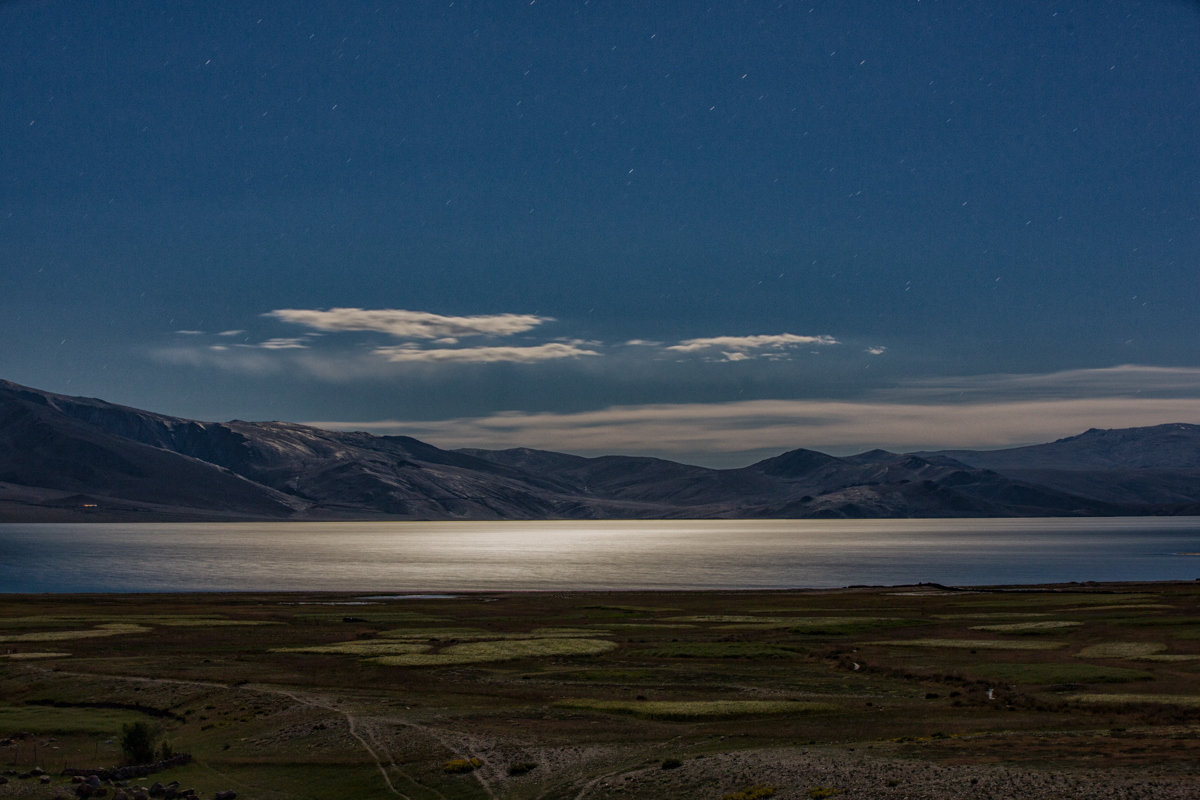 Tso Moriri lit up by moonlight.