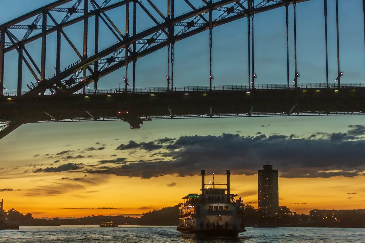 Ferry and Harbour Bridge at Sunset, Sydney Harbour