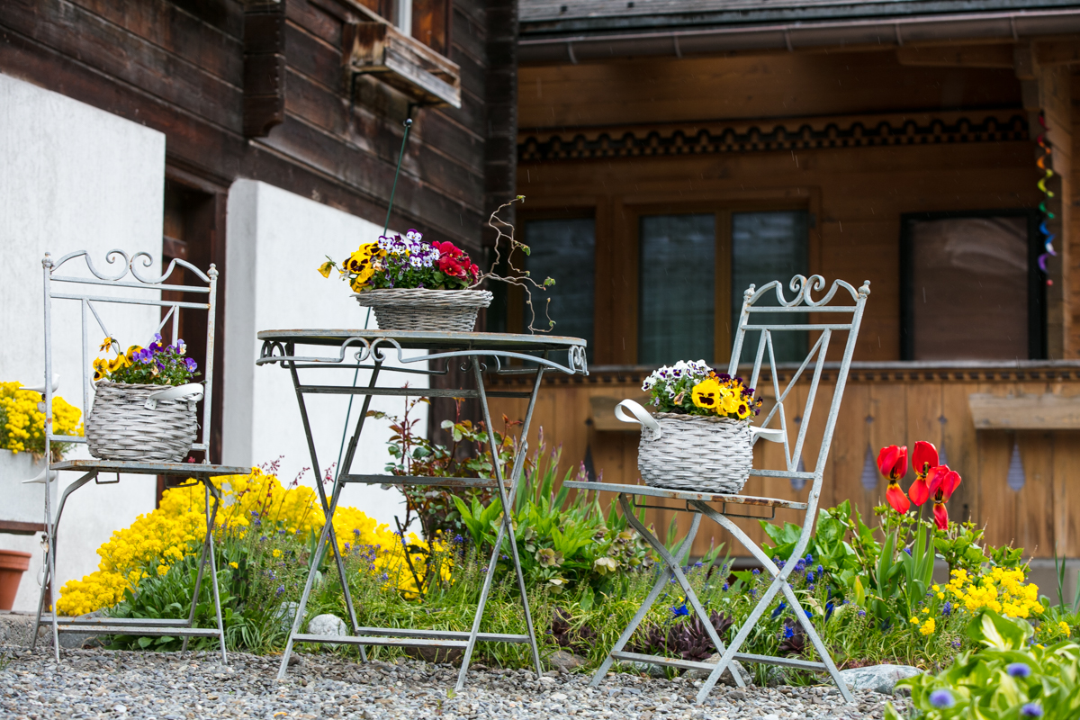 Inviting arrangement go Spring flowers in front of a cafe,Lauterbrunnen