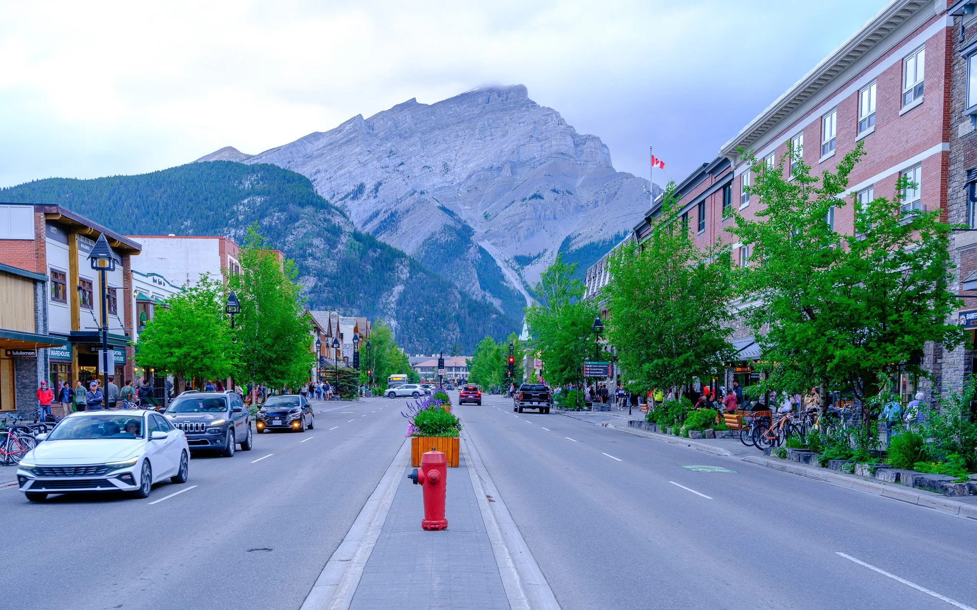 Banff Avenue mountain town main street with Cascade Mountain backdrop, Banff National Park Alberta Canada