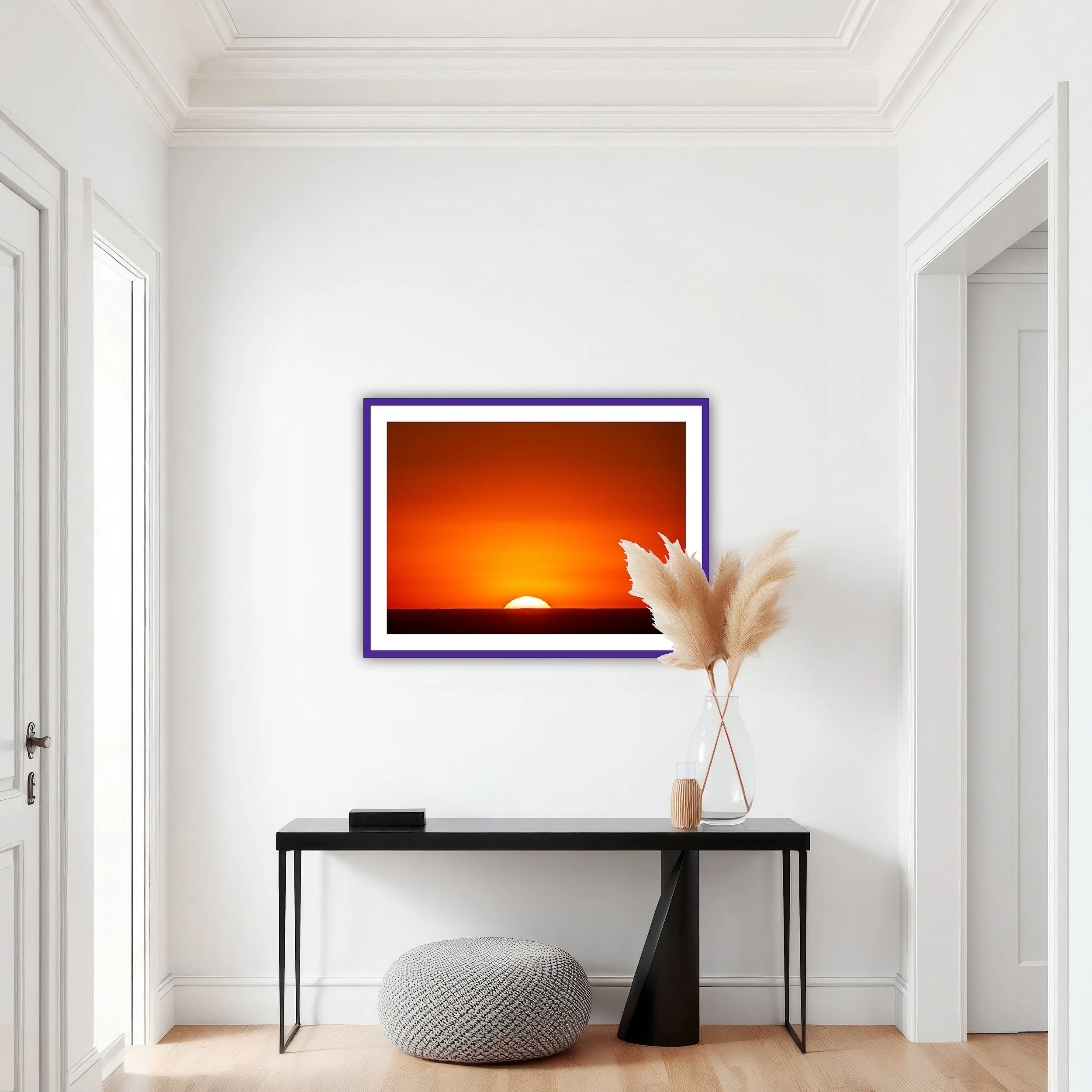 Blazing orange sunset with sun half-set over flat horizon in the Palouse, Washington State — minimalist fine art landscape print mockup view 1