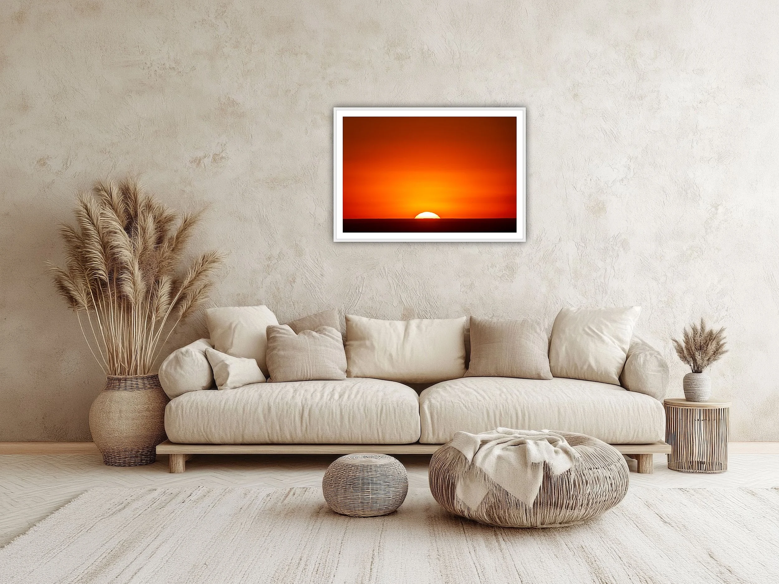 Blazing orange sunset with sun half-set over flat horizon in the Palouse, Washington State — minimalist fine art landscape print mockup view 2