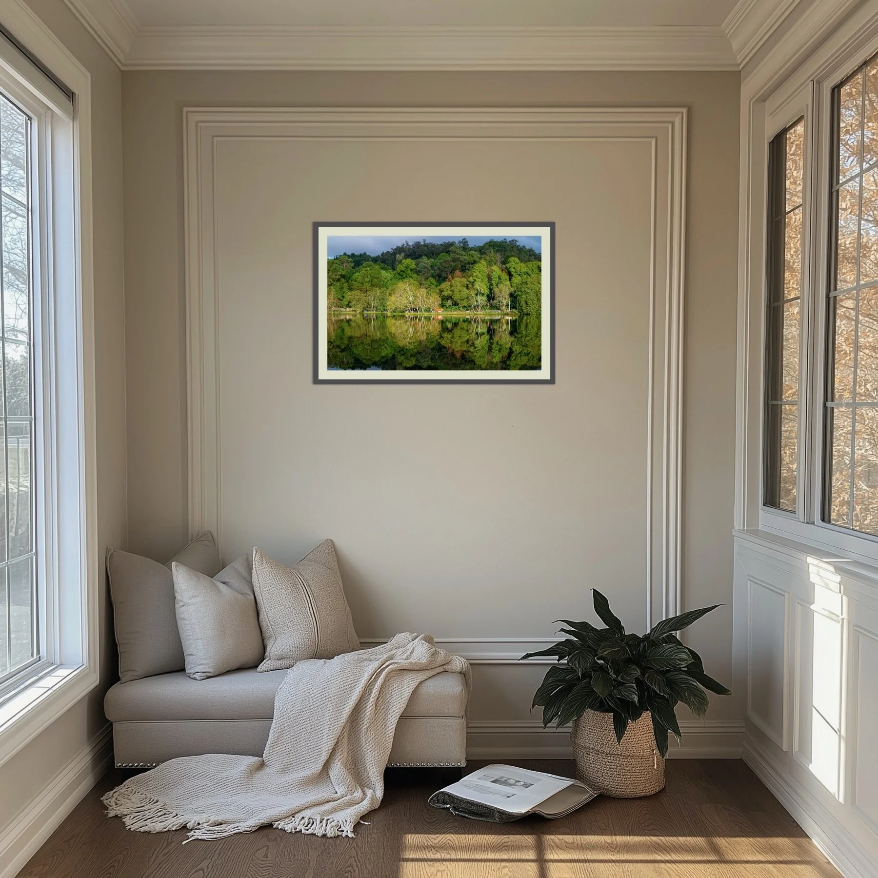 Mirror-still reflections of dense green forest and hills on Kodaikanal Lake, Tamil Nadu India — fine art landscape print by Kamal Chilaka