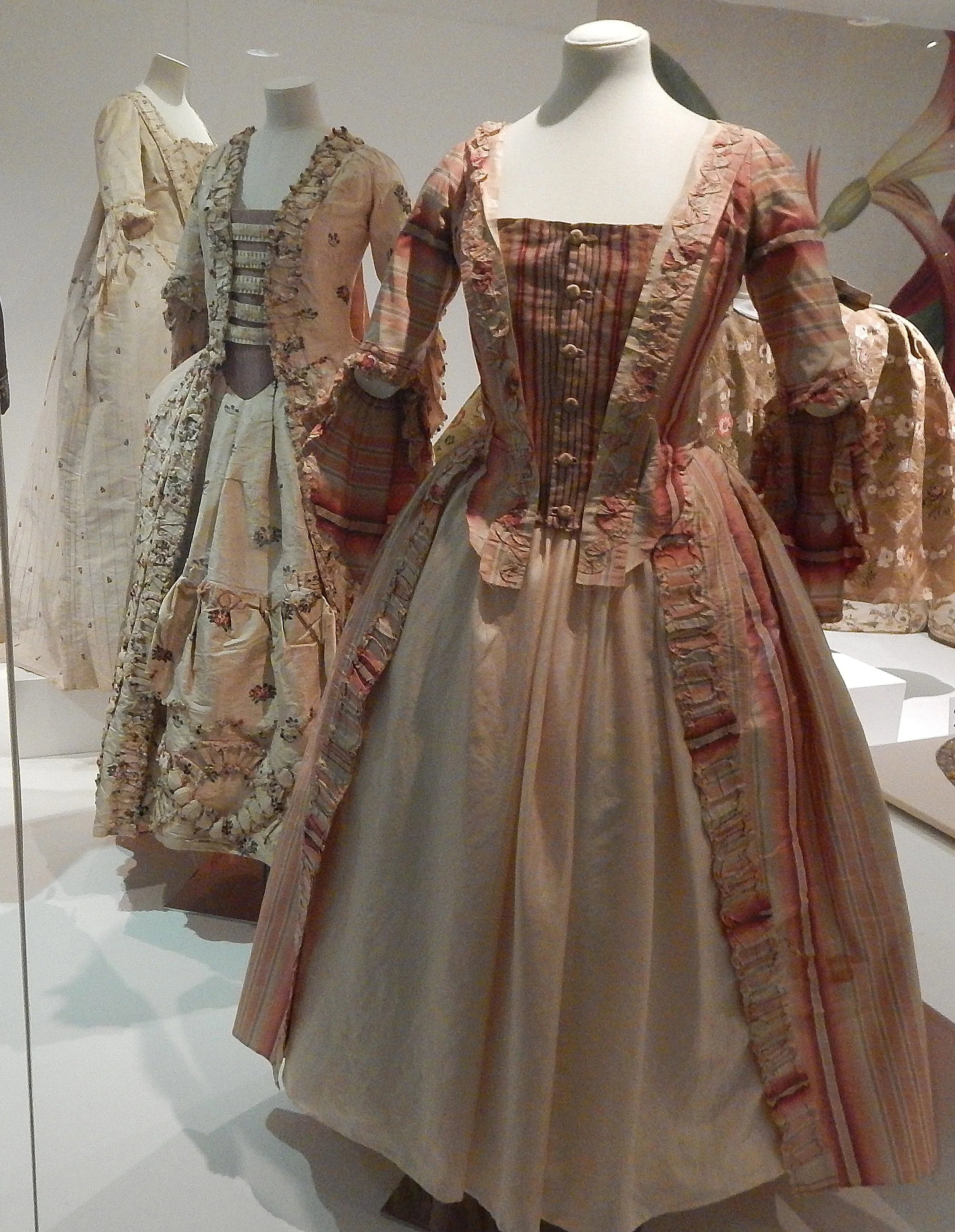 Cream And Pink Sack Back Gowns, Pink Striped Open Robe 1770