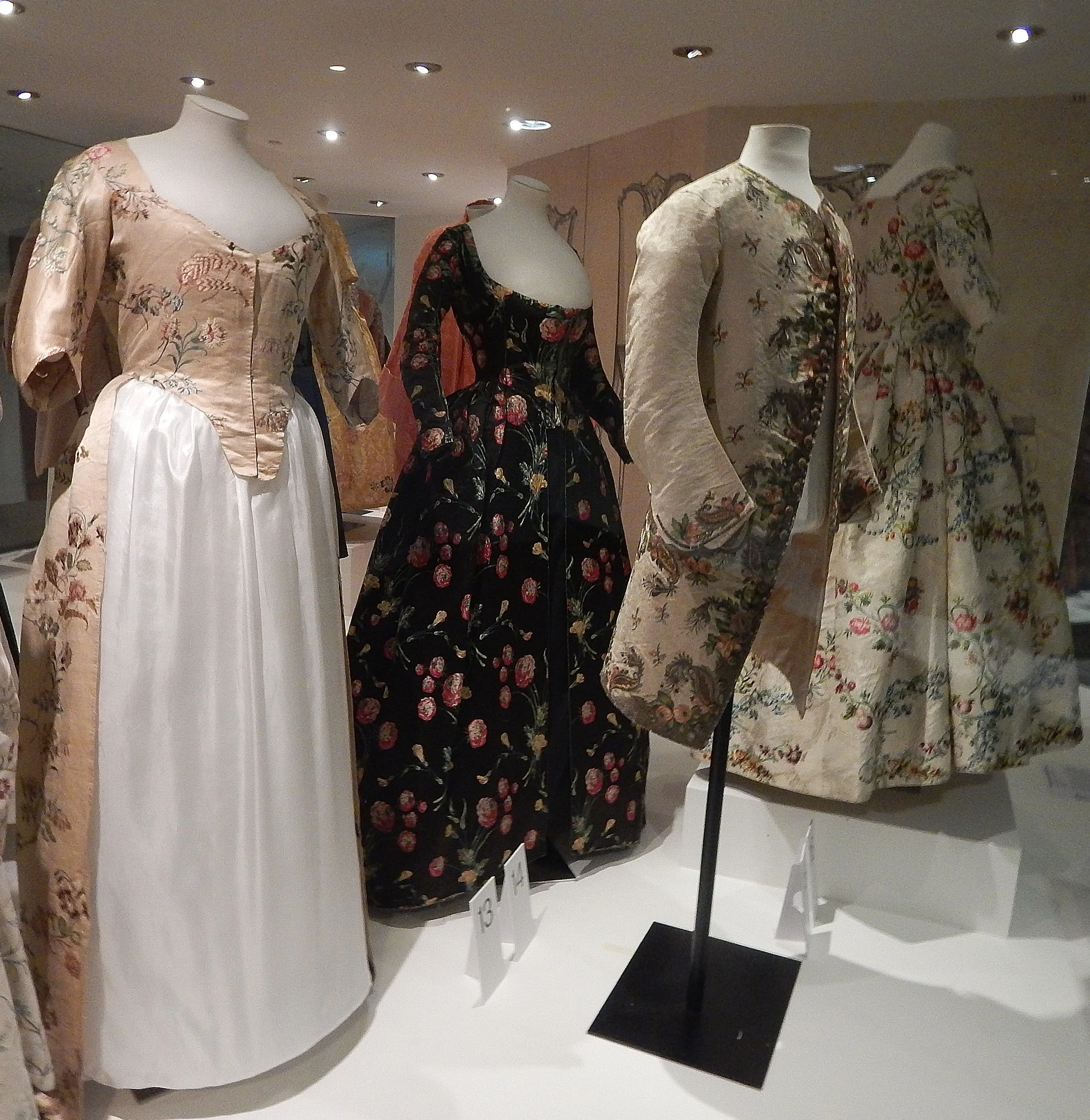 Cream Dress 1742, Cream Waistcoat 1747, Black Floral Silk Dress 1748