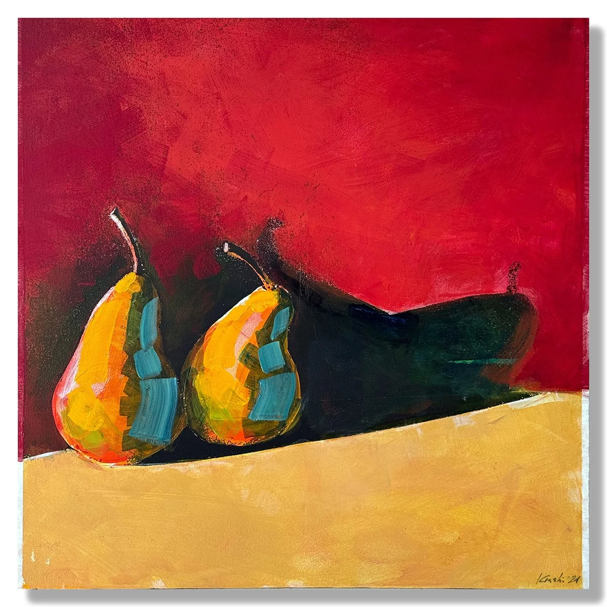 Two Bosc Pears on Red, 2024