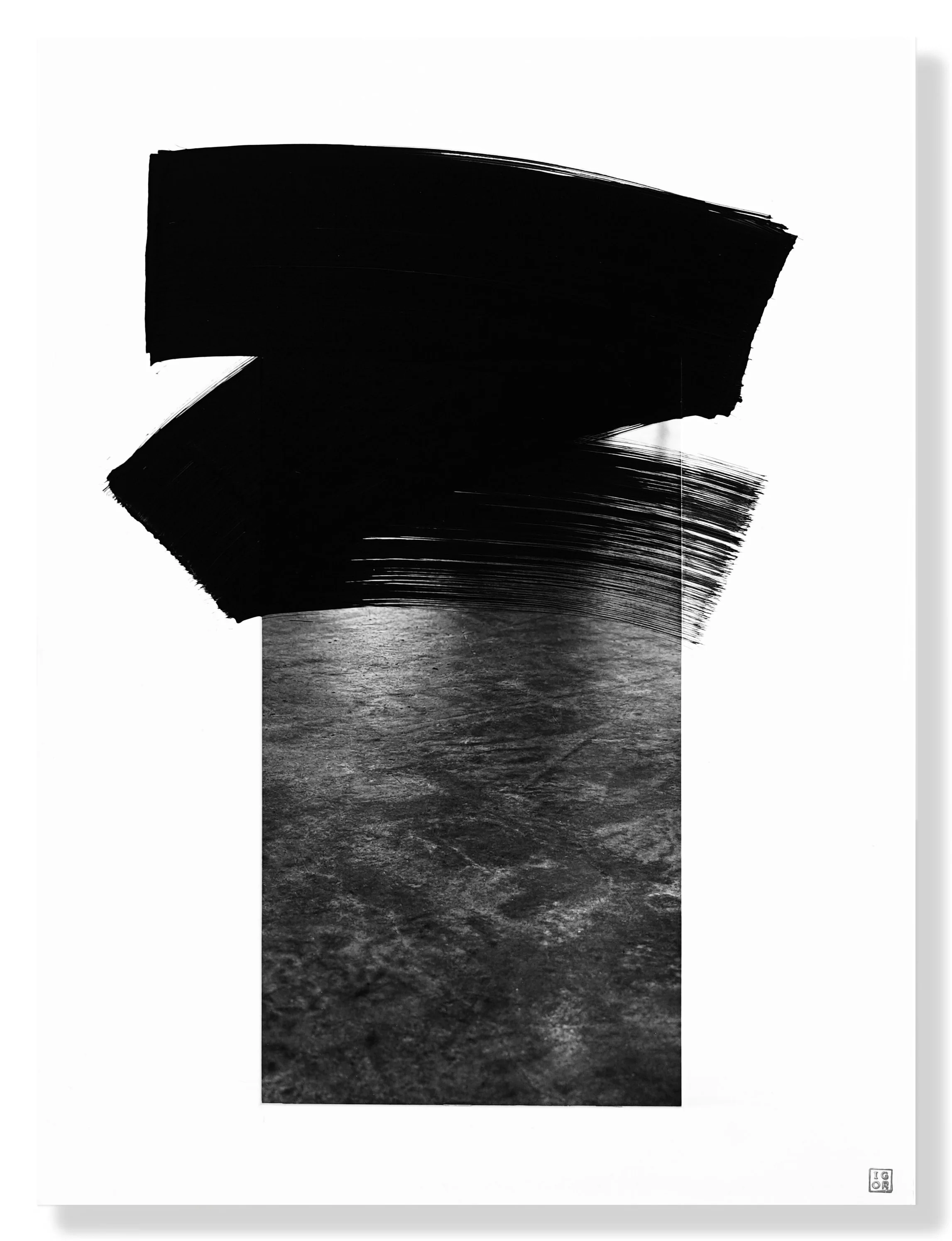  2026 Mixed media on paper,  mounted to wood panel 18” × 24” x 1.5”  You look up from the daily grind, toward the horizon, and notice an unexpected obstacle — a grief, a blockage. Is that just a metaphor, marking the boundary between desire and the r